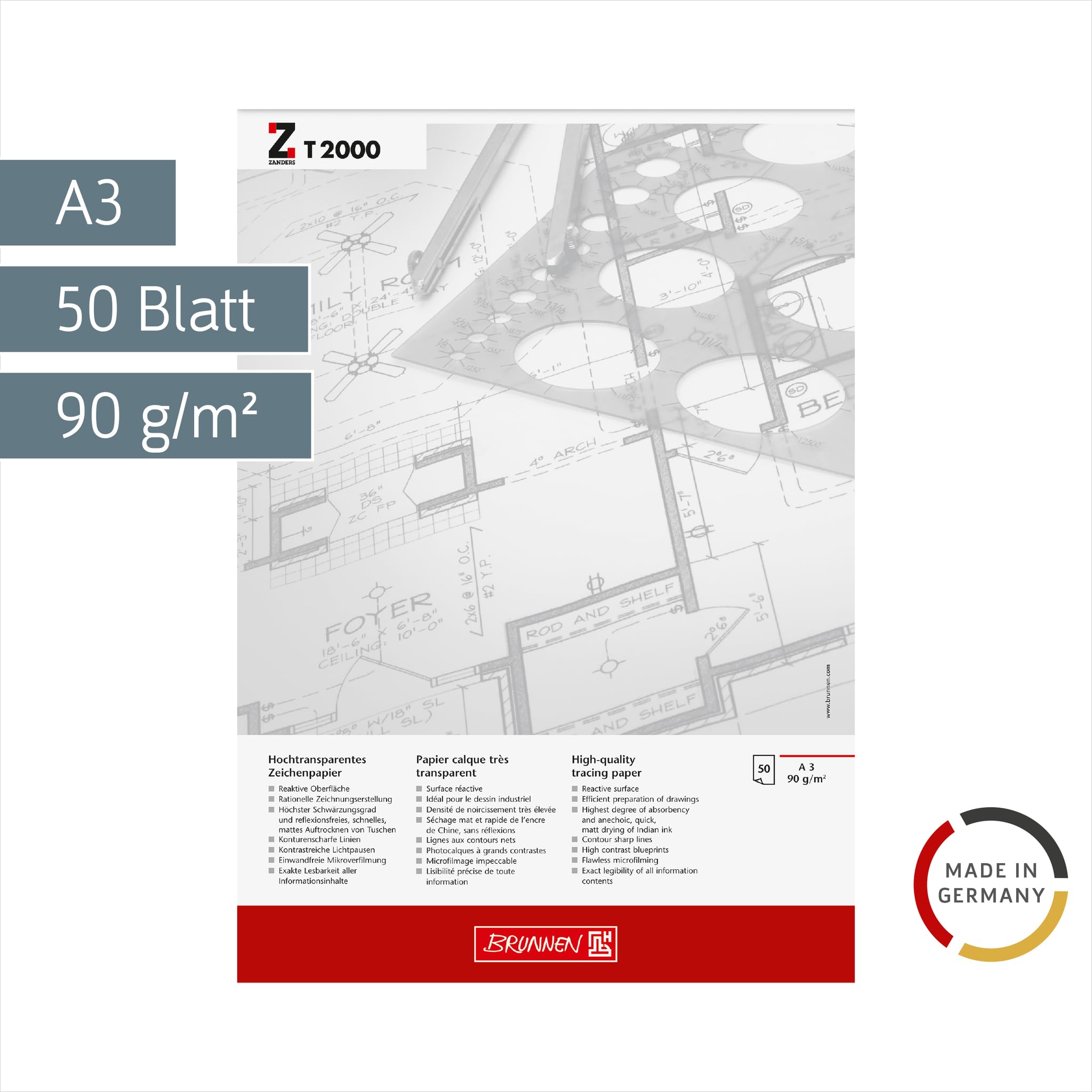 Brunnen Zeichen-/Entwurfblock, A3, 297 x 420 mm, 90 g/qm, 50 Blatt