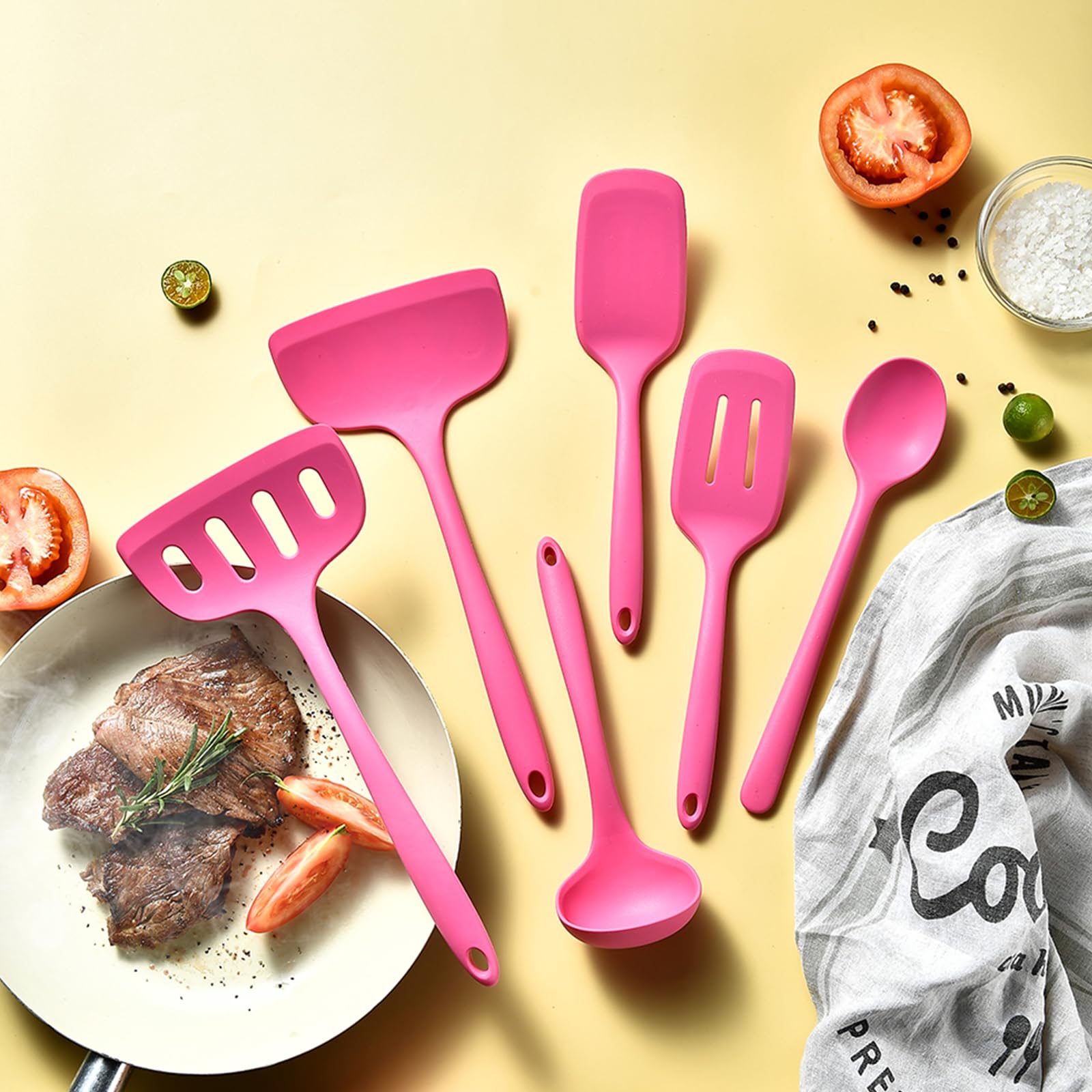 Warewell Silicone Cooking Utensils Set Non Toxic, 6 pcs Heat Resistant Kitchen Utensils Set Dishwasher Safe, Food Grade Kitchen Gadgets Utensil Set, with Spatula, Ladle, Spoon, Nonstick, Pink