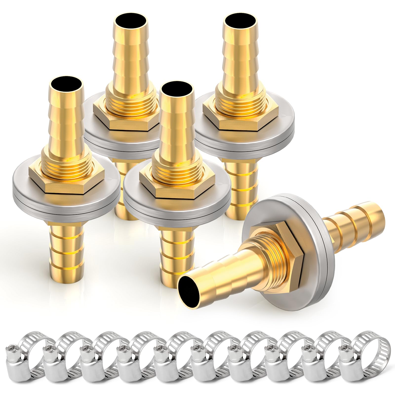 5 sztuk 8 mm do 8 mm mosiężny wąż Barb Thru-Bulk Head Hex prosty Union Fitting z 10 sztukami obejm do węża