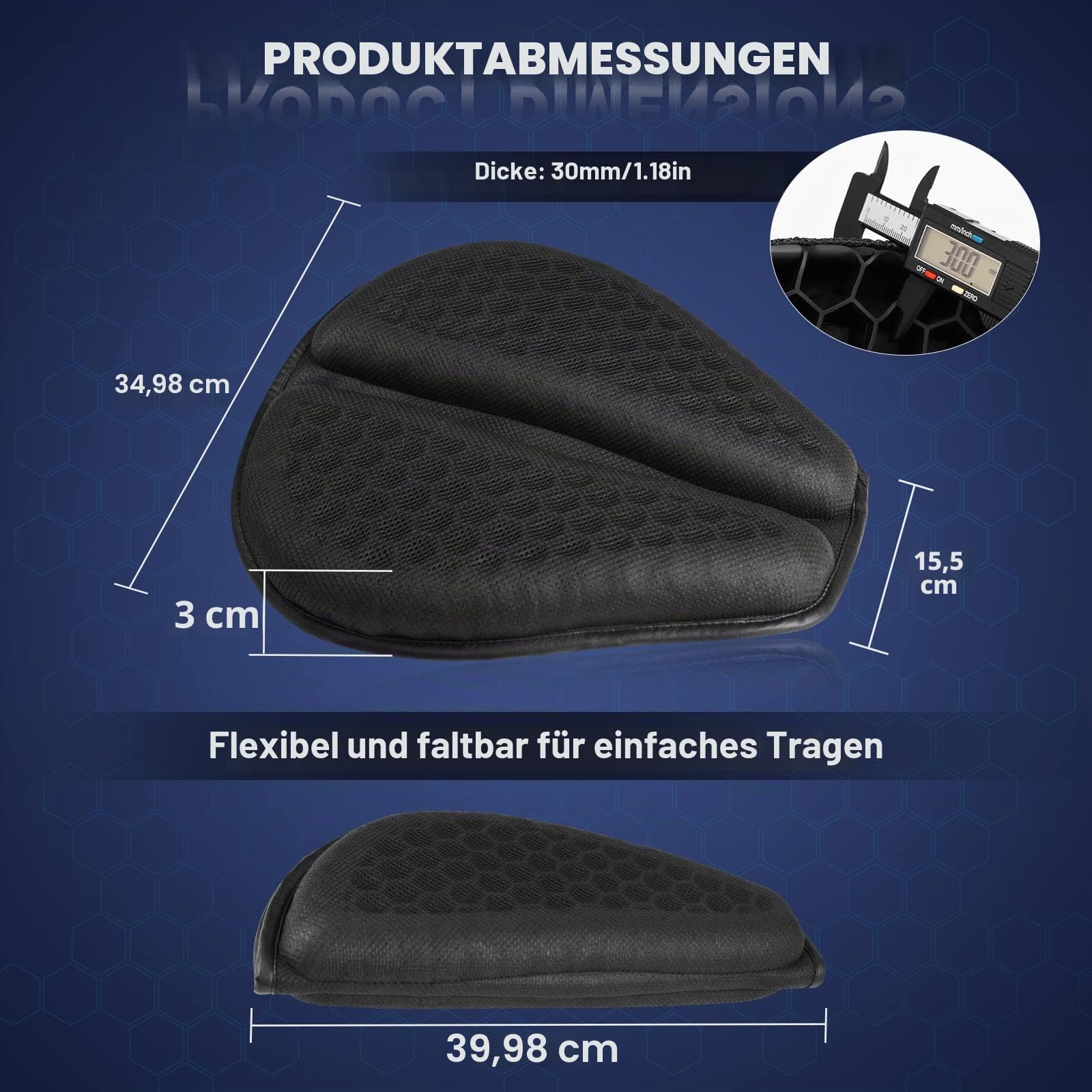 Faltbares Motorrad Gel Sitzkissen, Große 3D Wabenstruktur Stoßdämpfung & Atmungsaktives Sitzpolster für Lange Fahrten (L)