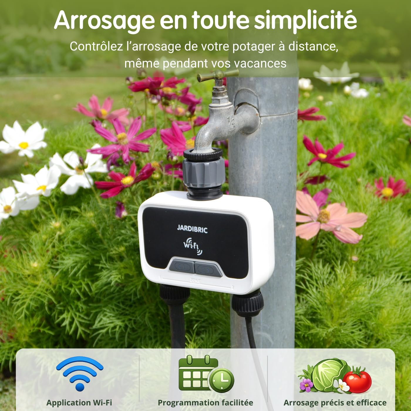 Jardibric - Programmatore di irrigazione WiFi con App "Tuya Smart", Controllo remoto e vocale, IP54, Portata 2100 L/h, Pressione 0,5-8 Bar, 2 Vie, Funzione Manuale e Rain Dela