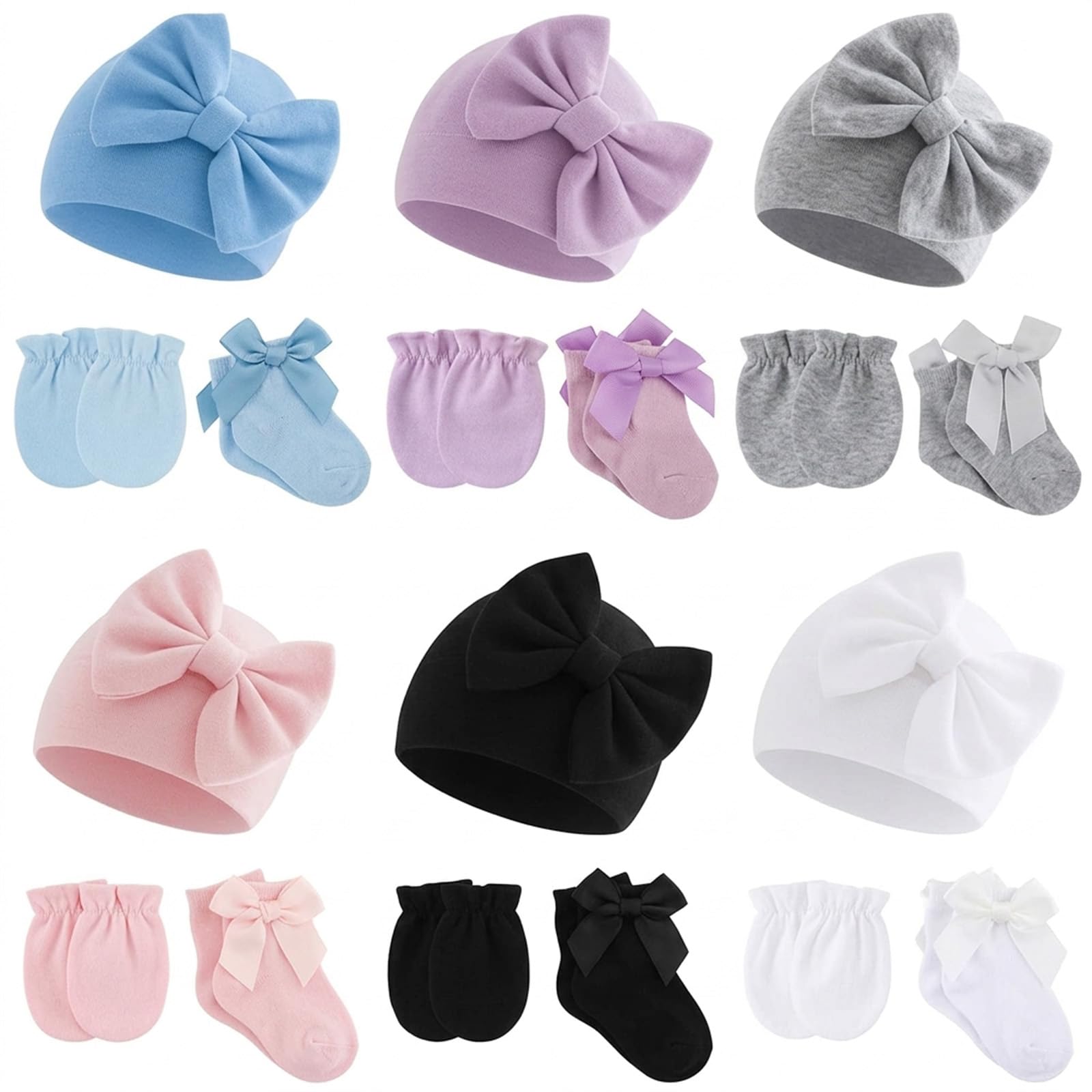 Frühchenmütze, Fäustlinge und Socken, 6 Stück, Baumwollschleifen-Kappen und kratzfeste Frühchen-Fäustlinge für Babys und Mädchen
