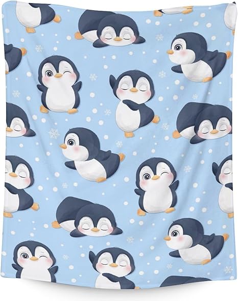 Penguin Blankets - Soft Fuzzy Blanket Throw for Kids, Adults - 30"x40" Small Blankets for Living Room & Office - Blue Cute Blanket Gifts