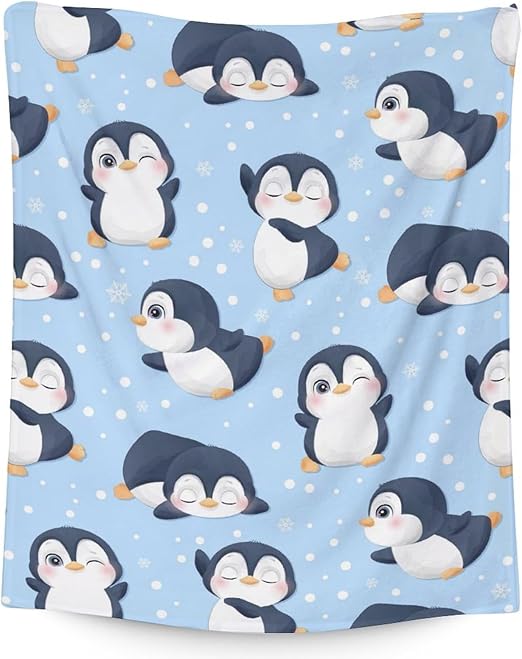 Penguin Blankets - Soft Fuzzy Blanket Throw for Kids, Adults - 30"x40" Small Blankets for Living Room & Office - Blue Cute Blanket Gifts