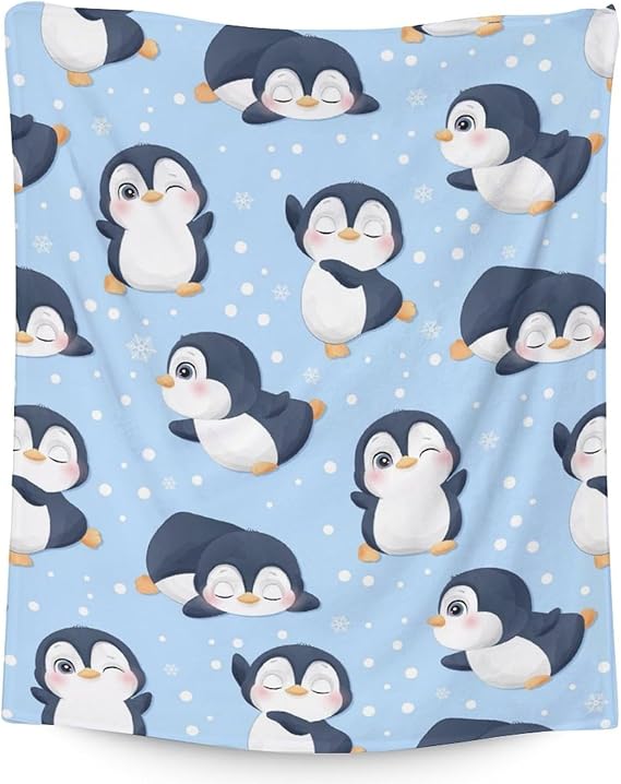 Penguin Blankets - Soft Fuzzy Blanket Throw for Kids, Adults - 30"x40" Small Blankets for Living Room & Office - Blue Cute Blanket Gifts