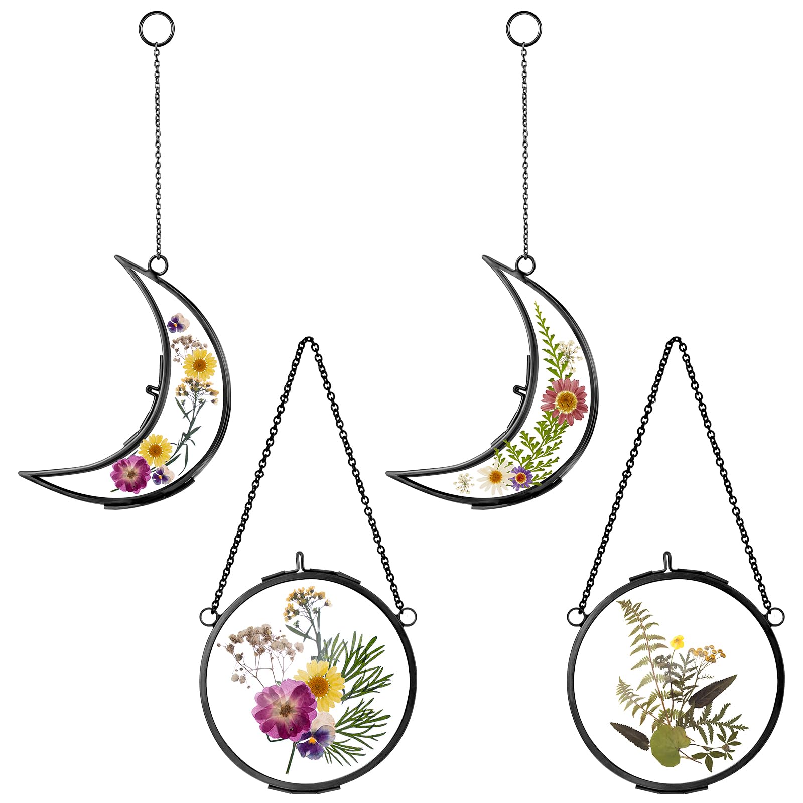 Qunclay 4 Pcs Pressed Flower Frames Bulk Double Glass Floating Hanging Photo Frame Sun Moon Clear Pressed Flower Decor with Chain for DIY Crafts