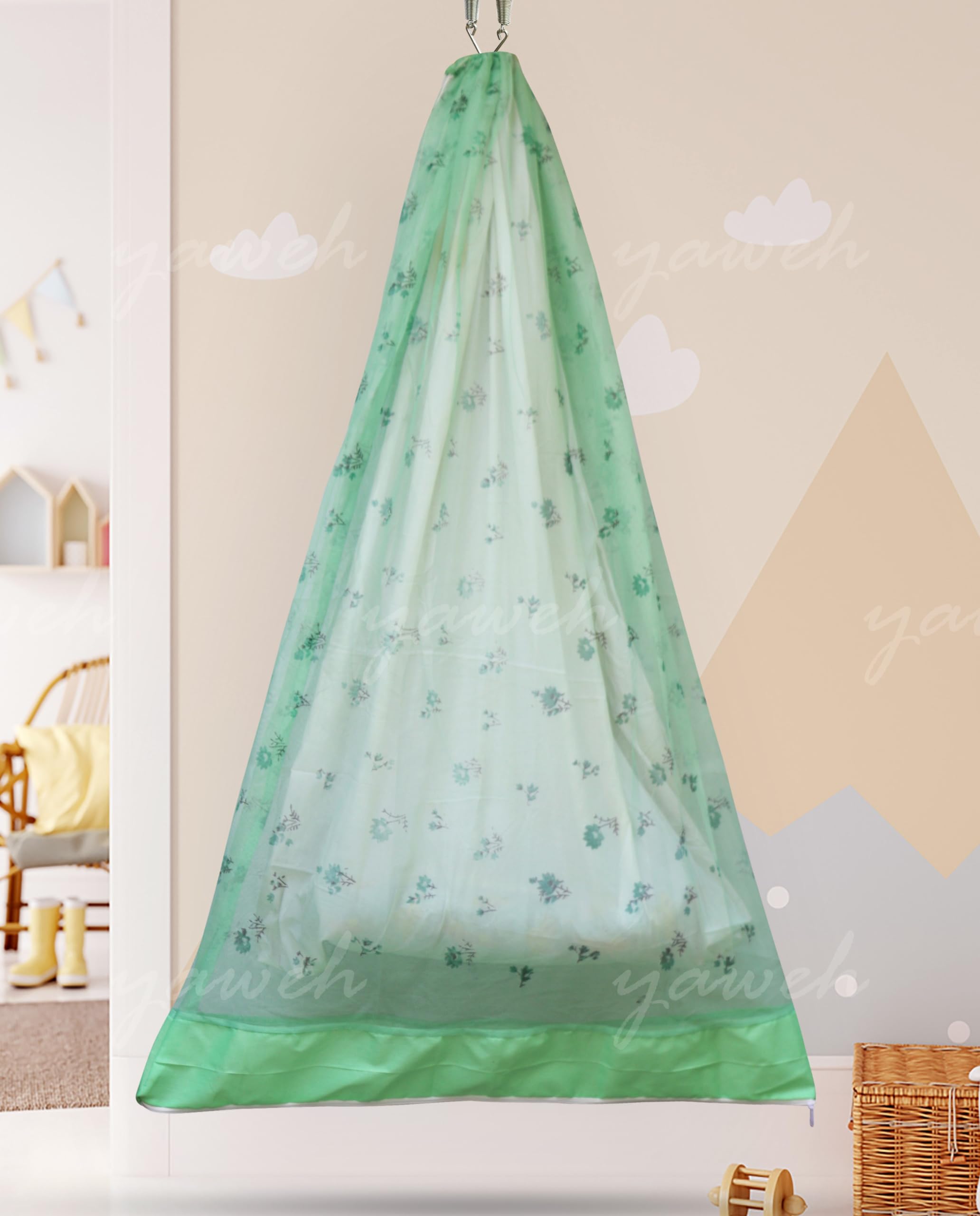 yaweh Cotton Printed Mosquito Net for Baby Cradle Swing/Mosquito Net for Baby Jhula with Bottom Zip Opening Blue Color (Green)-image-38