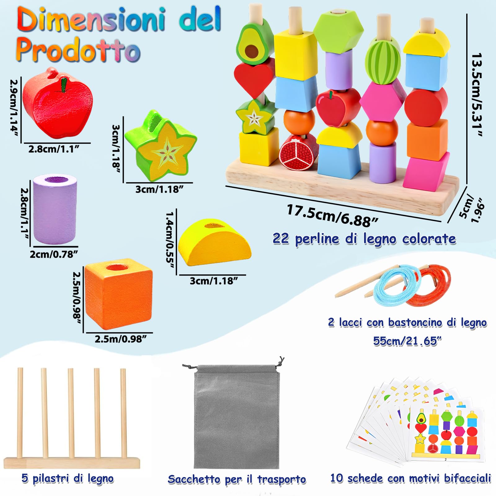 Echehi 2 in 1 Giocattoli Montessori da Infilare per Bambini, Perline da Infilare, Forme da Abbinare, Sviluppo delle Capacità Motorie Fini, Blocchi in Legno da Impilare