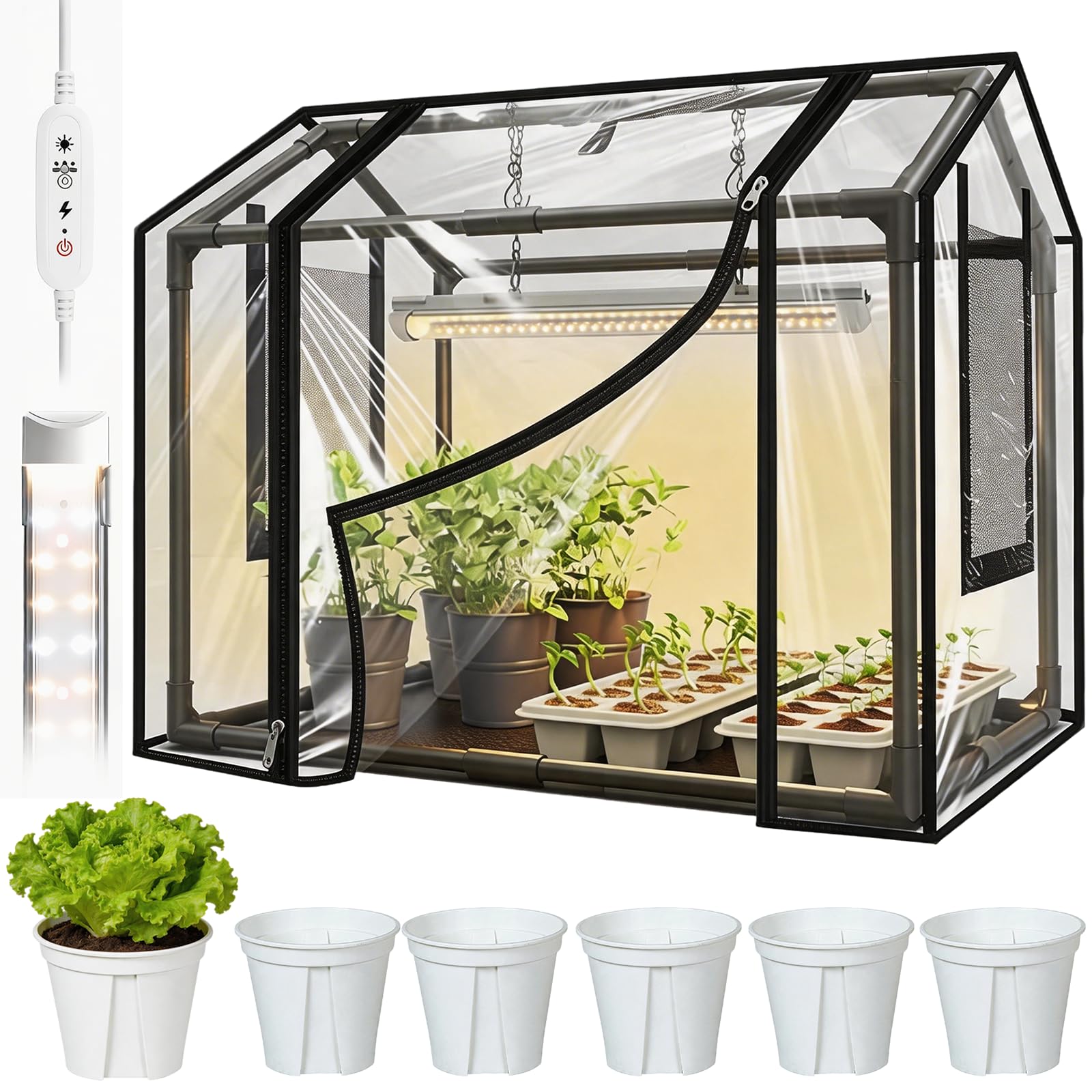 Kit di Piantagione, Serra da Balcone con 6 Piccoli Vasi da Fiori e Lampada per Piante Copertura PVC 60 x 40 x 50 cm Serra da Giardino Resistente Alle Intemperie Trasparente per Giardino Balcone