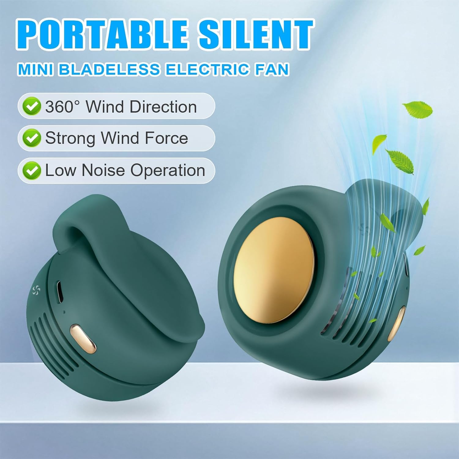 Mini ventilatore elettrico senza pale, portatile, silenzioso, a 3 velocità, con clip su vita e collo, ricaricabile, piccolo ventilatore elettrico da viaggio per esterni, viaggi, ufficio (verde)