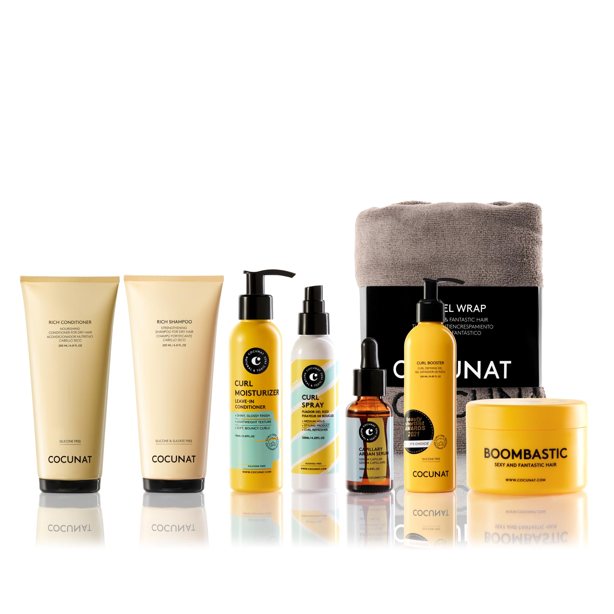 COCUNAT Rutina Rizos Definidos Pack 7 Productos + Turbante Antifrizz | Champú, Acondicionador, Mascarilla, Leave-In, Curl Booster, Spray y Sérum. Método Curly sin sulfatos, siliconas ni tóxicos.
