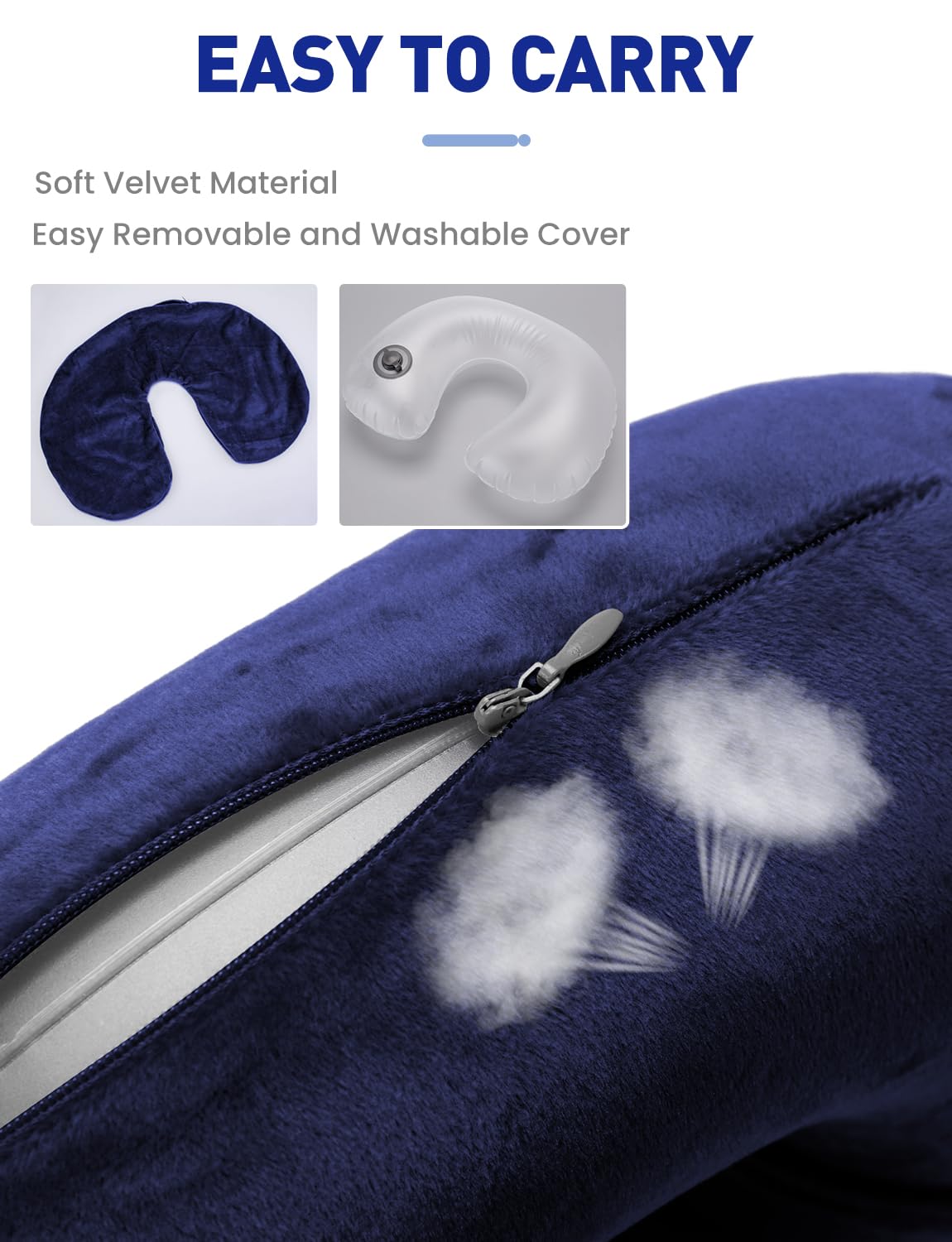 Cuscino Da Viaggio Gonfiabile Pitasha - Morbido Velluto, Supporto Collo A U | Per Aereo, Auto, Ufficio (Blu) - Foto 4