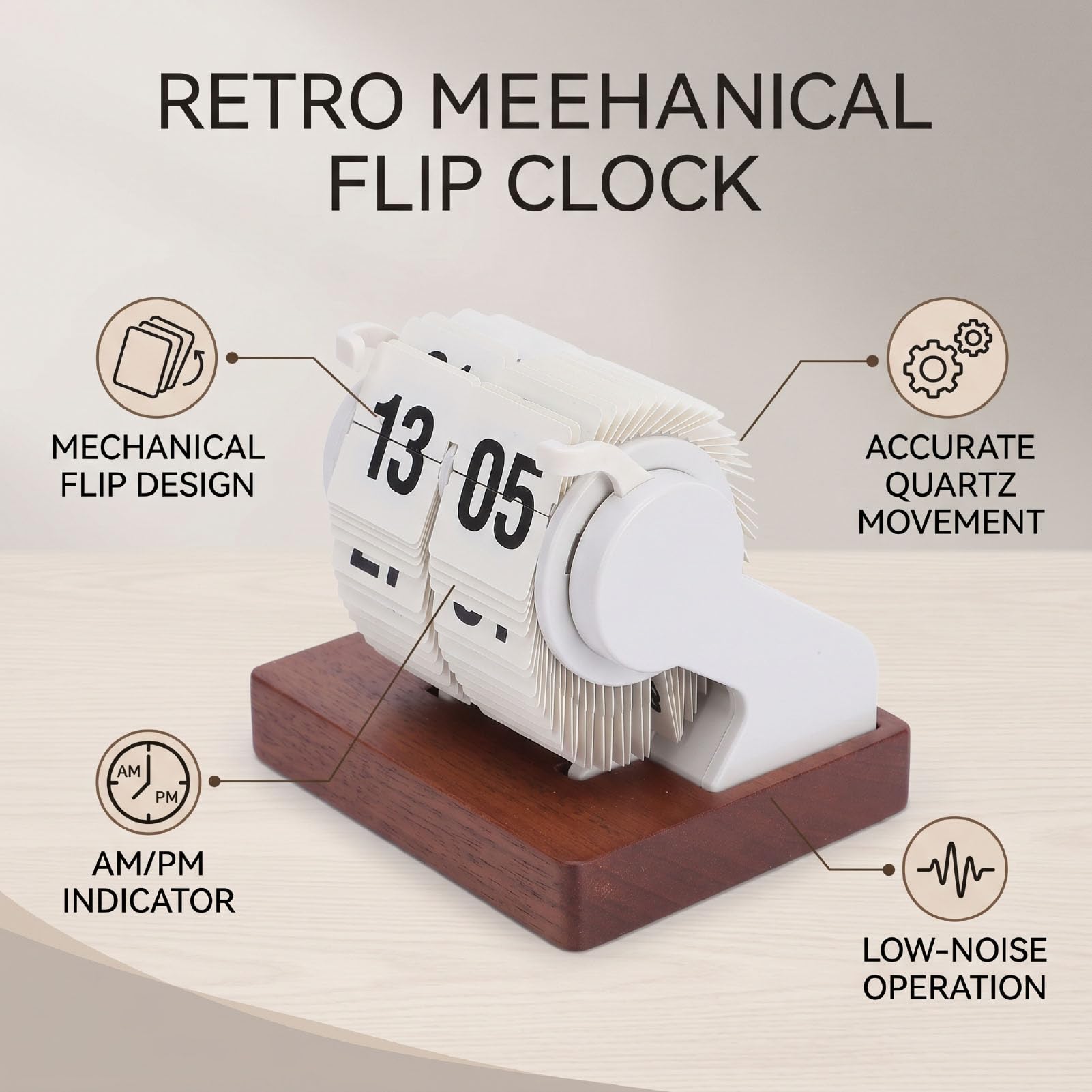 Qcwwy Zegar na Biurko, Cyfrowe Zegary Retro z Automatycznym obracaniem. Mechaniczne Urządzenie Topiące na baterie. Retro Vintage Design. Mechaniczna Przekładnia Wewnętrzna do Domowego (WHITE)