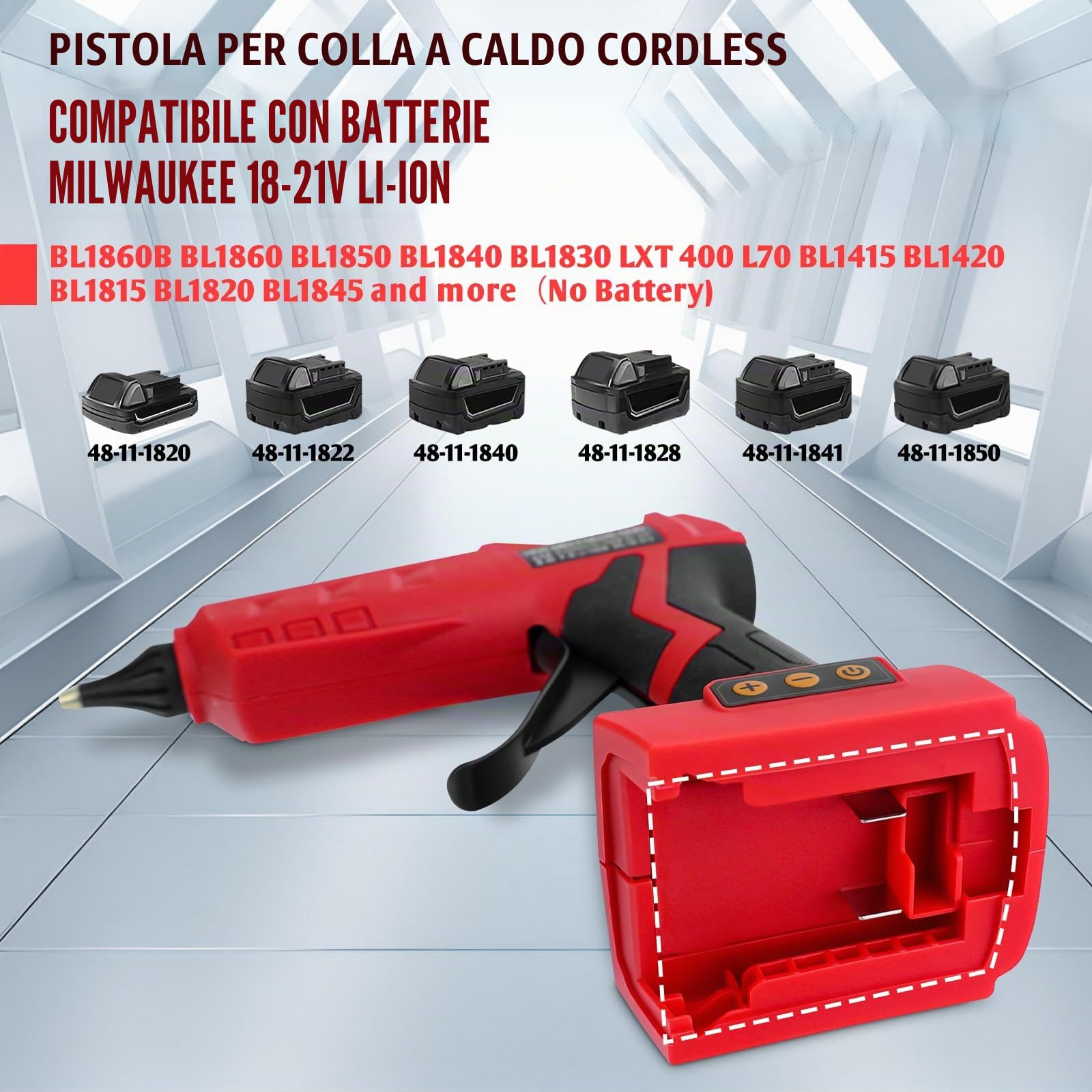Pistola per colla a caldo cordless da 100 W, per Milwaukee 18 V/21 V batteria, pistola elettrica ad alta temperatura con 10 bastoncini di colla da 11 mm, per fai da te, riparazioni, arte, artigianato