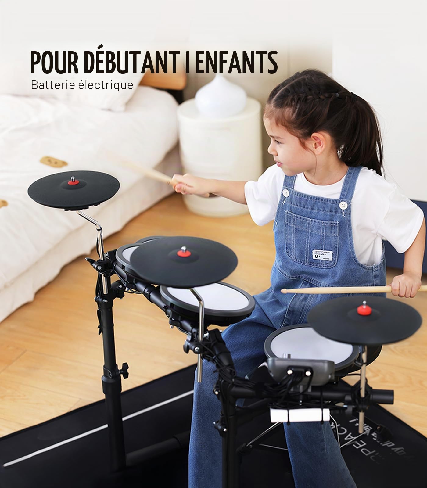 MK-0 Batterie Electronique avec Pads en Maille 7", Cymbales 8", 12 Kits, 68 Sons, USB MIDI, Siège, Baguettes, Casque et 2 Pédales, Convient aux Débutants et aux Enfants
