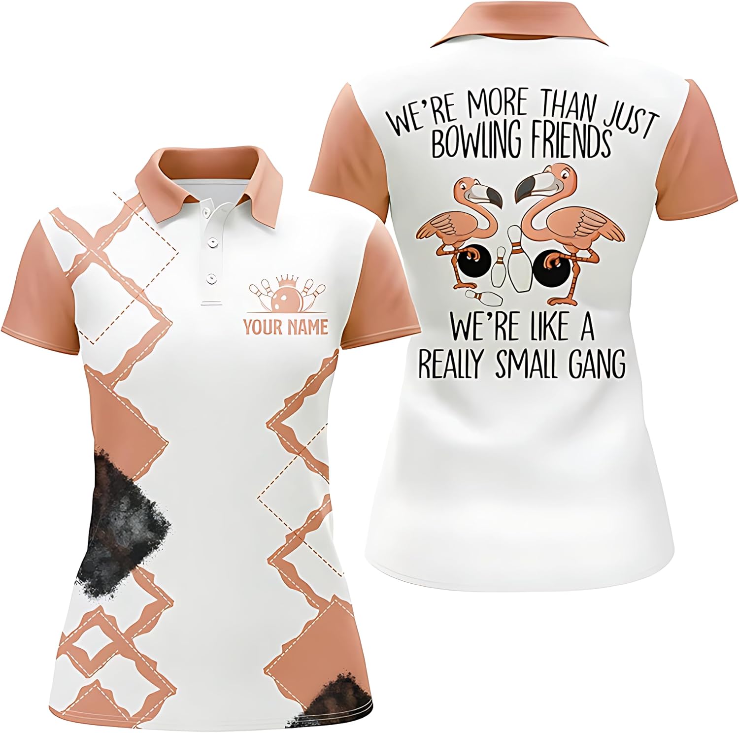 Personalized Women's Bowling Polo Shirt with Pink Flamingo Design - We're More Than Just Bowling Friends, We're Like A Really Small Gang - Q5969