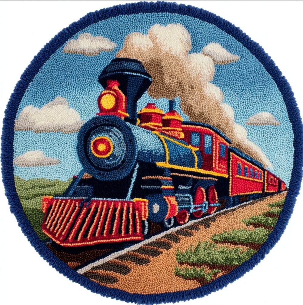 kitphoenix Round Latch Hook Rug Vintage Steam Train