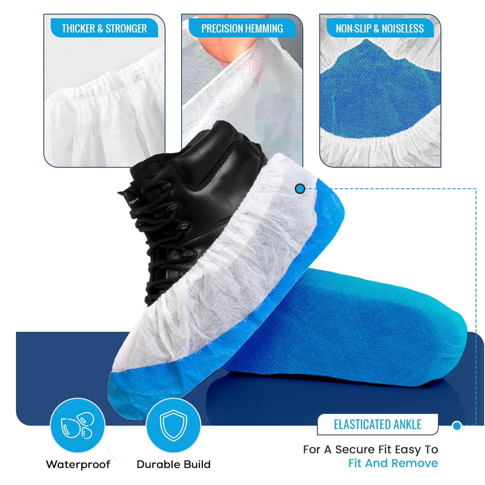 TYGA - Soprascarpe resistenti, riutilizzabili, di lunga durata, in CPE/PP (160, blu e bianco)