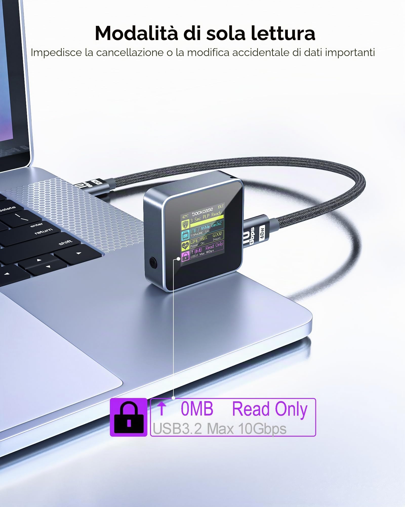 DOCKCASE Smart Pocket SSD Case - 3S Power Loss Protection, NVMe M.2 Alloggiamento in tempo reale SD, USB 3.2 Gen 2 10Gbps, supporta SSD NVMe/PCIe 2230 M.2 fino a 2TB