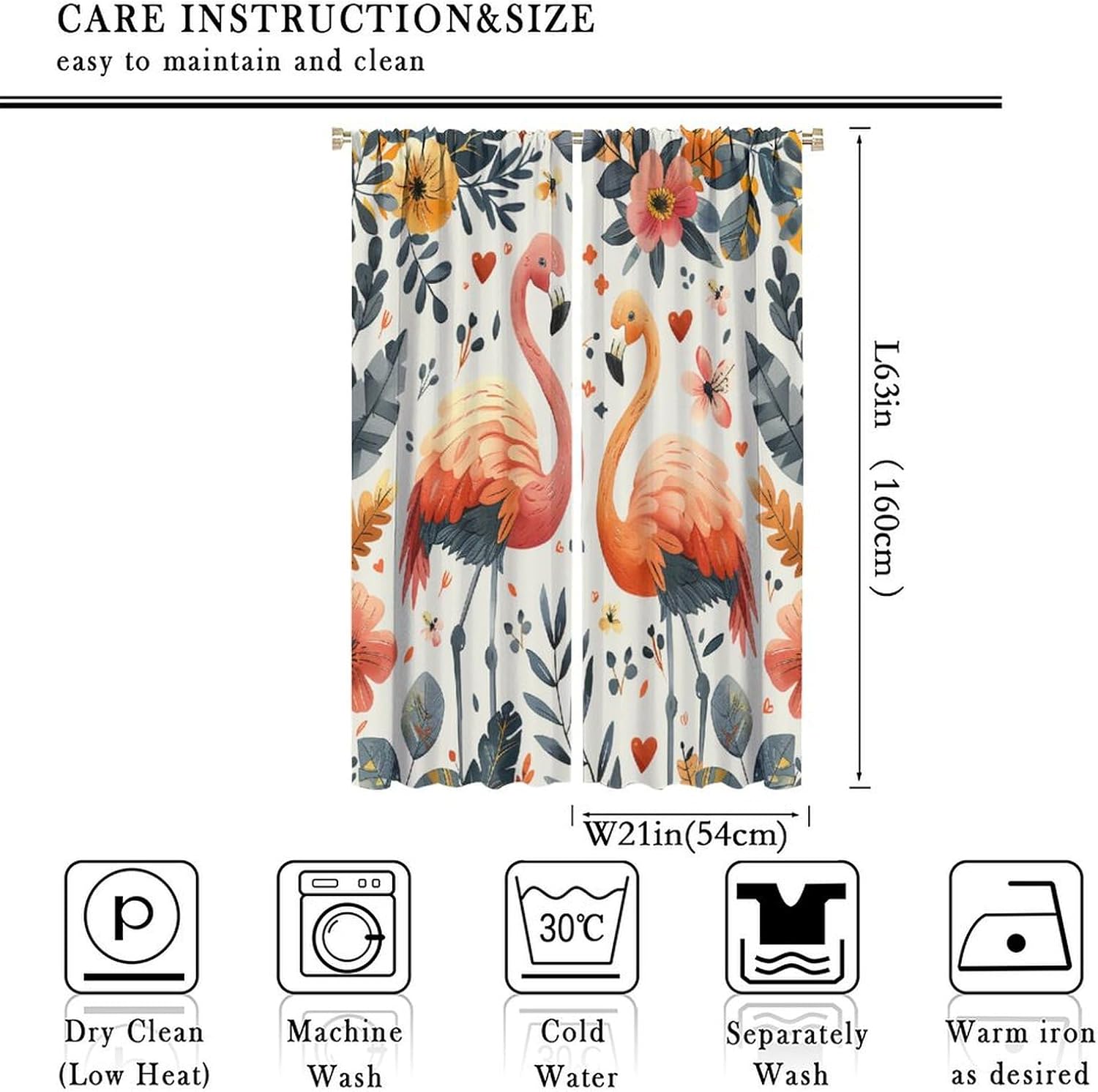 Cartoon Flamingo Flower Blackout Curtains for Bedroom Living Room, Rod Pocket Tropical Plant Floral Bird Curtains Thermal Insulated Window Drapes 2 Panels, Each 21W x 63L