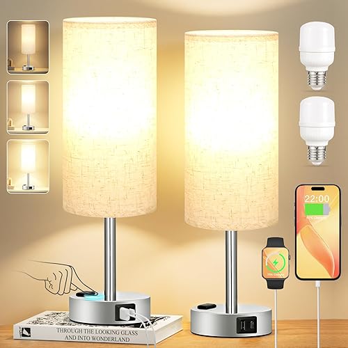 Miniatura 10 de Touch Bedside Table Lamps Set - 3 Way Dimmable Bedroom Lamps Set of 2 with USB C and A Ports, Small Lamps for Nightstand with AC Outlet, Wood Base