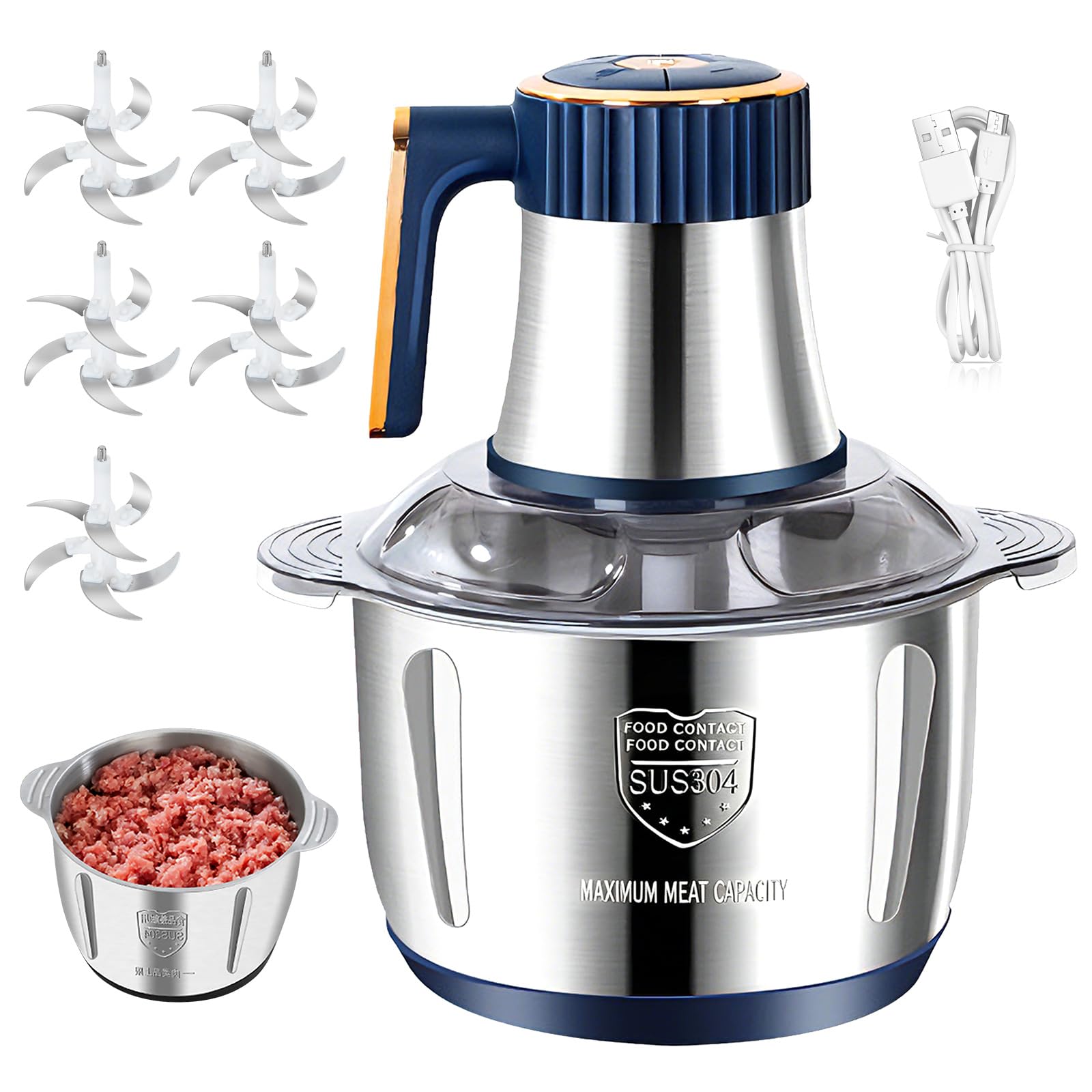Tritatutto Elettrico 5L - Frullatore Tritacarne Elettrico con Ciotola in Acciaio Inossidabile, 5 Velocità e 6 Lame in Acciaio con 5 Set di Lame per Carne, Verdure e Frutta