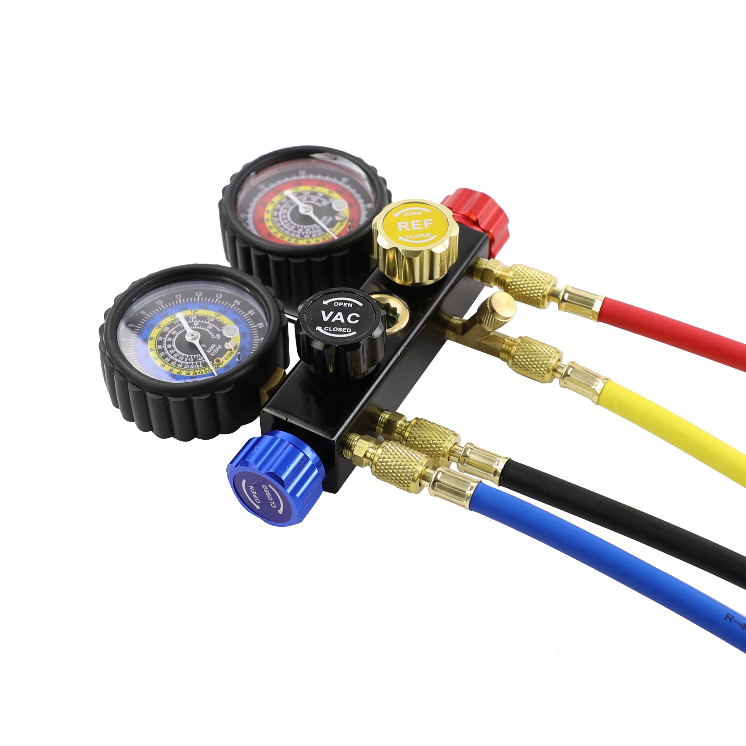 R1234yf R134a Krümmer-Messgerät-Set, 4 Ventilverteiler, kompatibel mit R1234yf R134A Kältemitteln mit 4-Wege-Schläuchen, Kupplungen, Adapter, kann Wasserhahn, Freon Recharge Kit