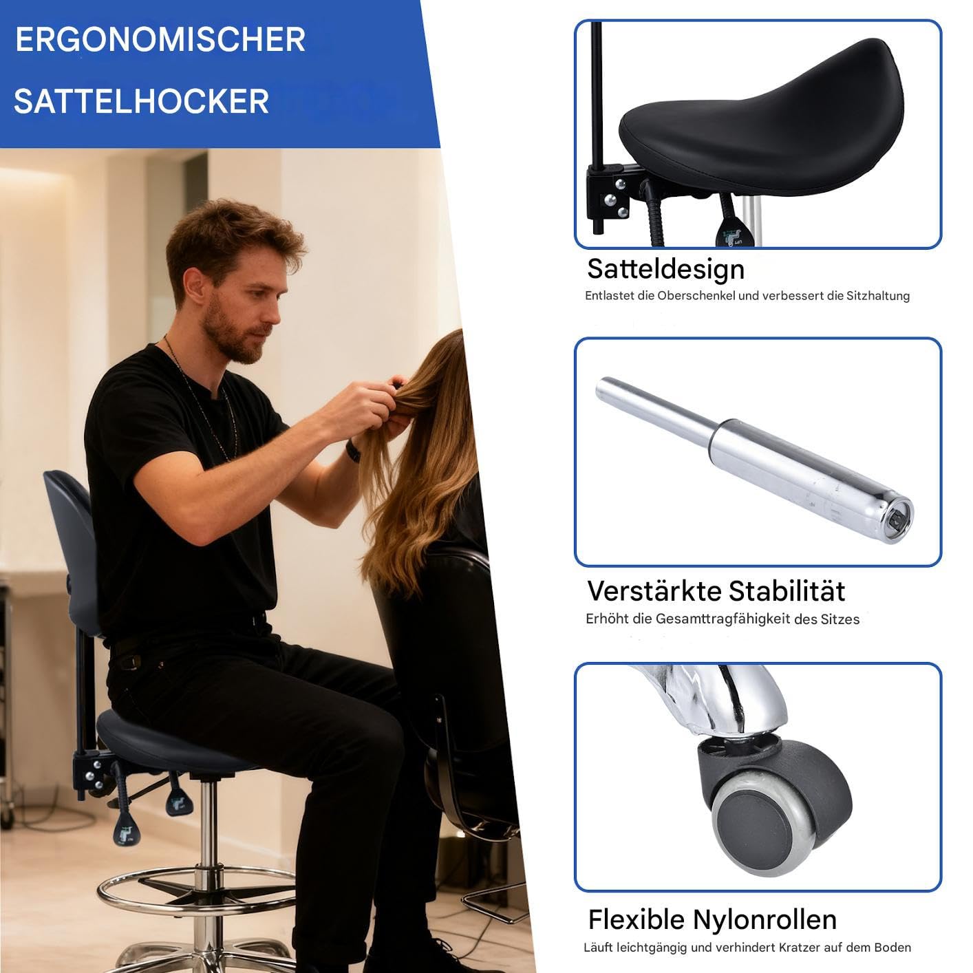 Sattelhocker Mit Rädern, Sattelhocker Mit Fußstütze Und Lehne, Verstellbarer Drehbarer Massagehocker, Tragfähigkeit 200 kg, Für Home-Office Beauty-Clinic Und Salon