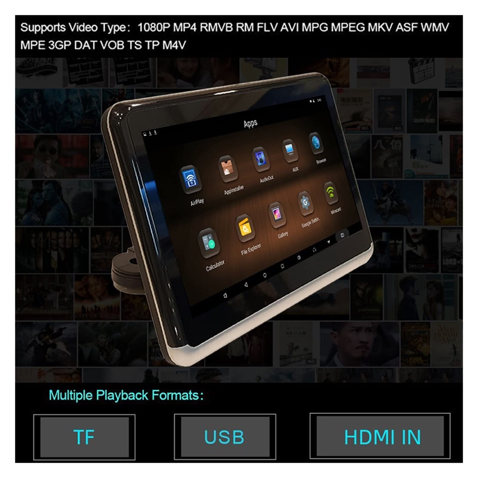 Moniteur d'appui-tête 10.1 Pouces Affichage d'appui-tête 1080P Tablette vidéo multimédia Voiture siège arrière lecteurs de Films(2 PCS Headrest)