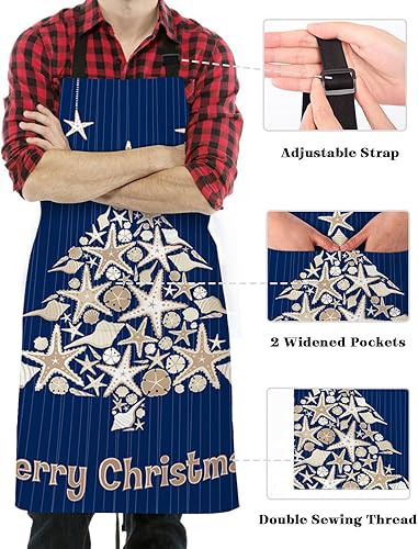 Miniatura 3 de Navy Blue Christmas Tree Bib Aprons with Pockets Waterproof, Adjustable Apron for Men Women Xmas Coastal Starfish Shell