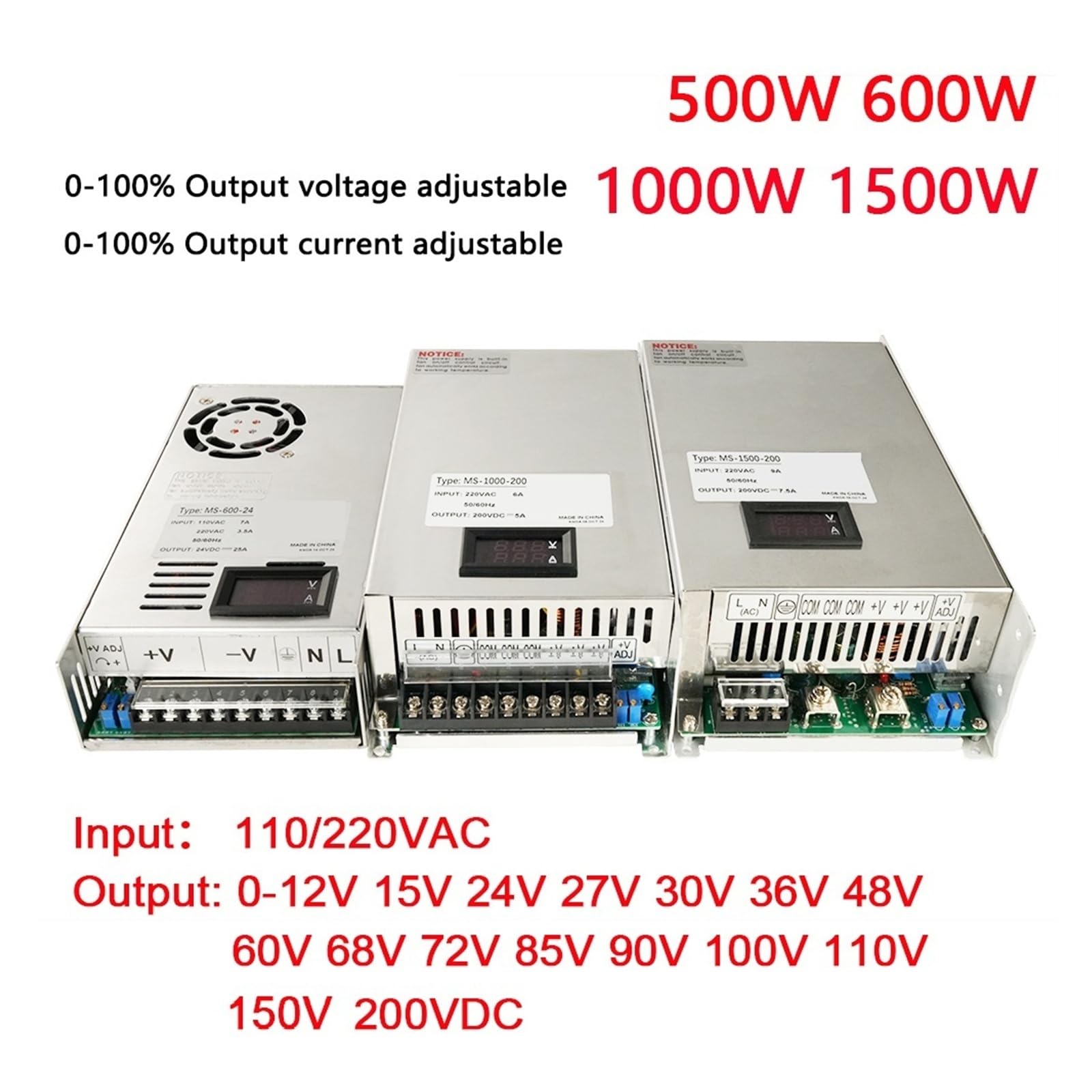 Fuente de alimentación ajustable de 500W 600W 1000W 1500W 0-12V a 0-200V