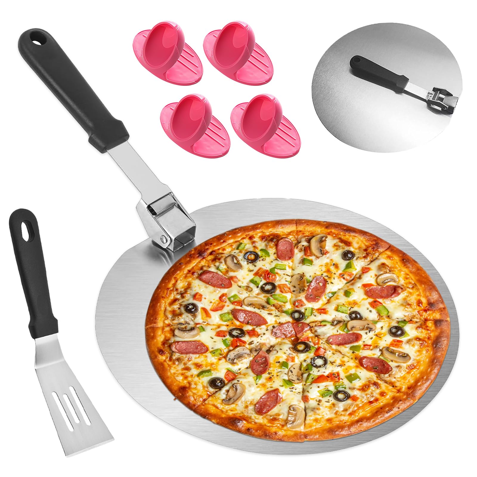Zhixan 6Pcs Pizza Peel Set, 12Inch Metal Paddle with Foldable Handle, Stainless Steel Spatula for Oven, Grill, Homemade Bread, Pizza Oven Accessories