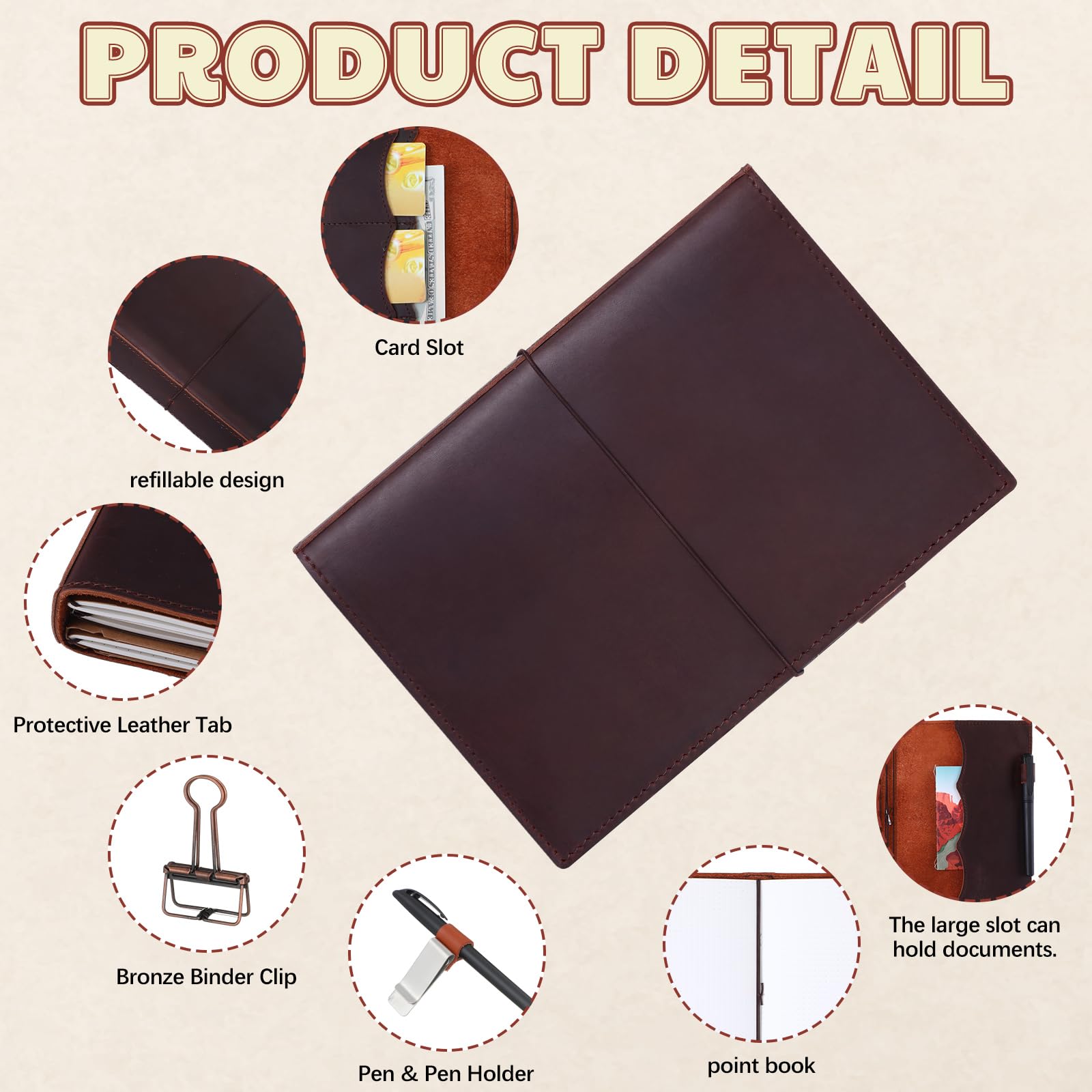 Eaasty El kit de accesorios para viajeros incluye funda de cuero para cuaderno con bolsillos interiores, recambio de cuaderno de viaje A5, soporte para bolígrafo, clip para carpeta y bandas elásticas