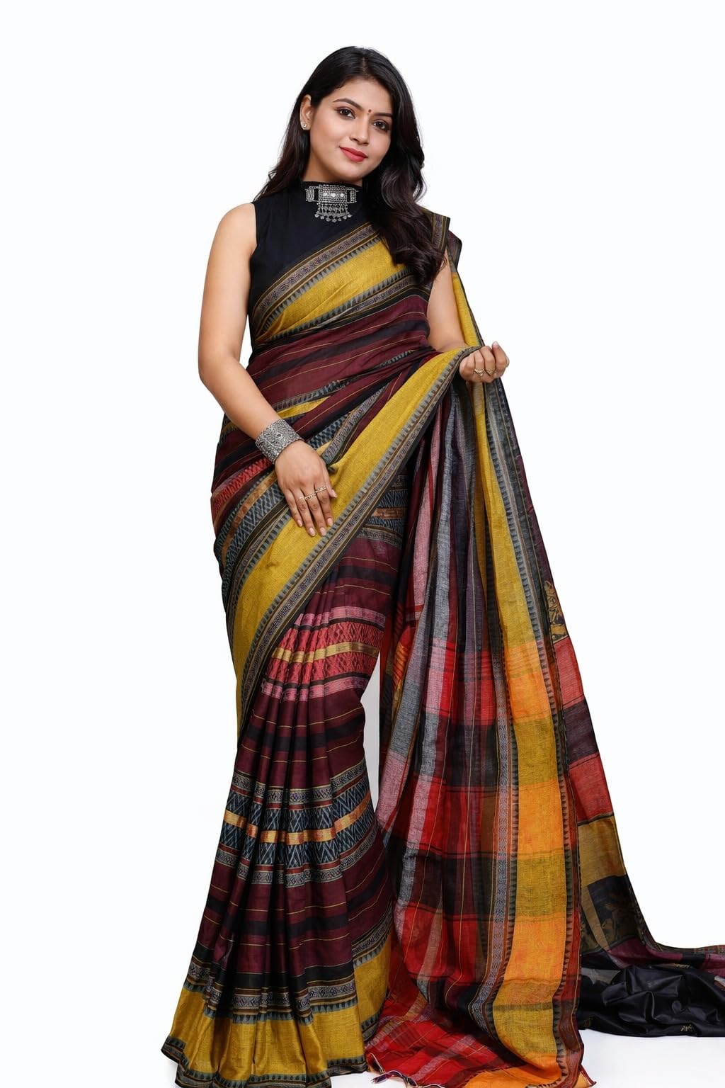 Begumpuri Multicolor Striped Cotton Saree with Traditional Border Design, Handwoven Ethnic Wear-image-44