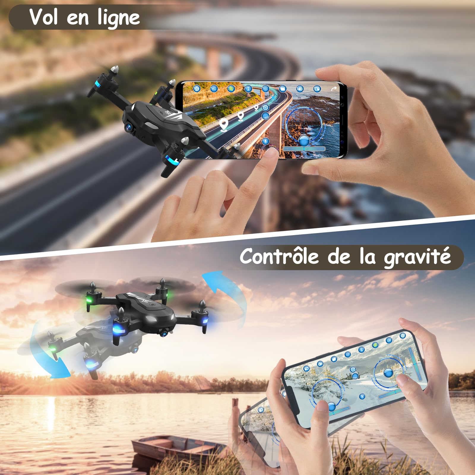 Drone avec Caméra HD 1080P, Wipkviey T26 drone enfant adulte avec vidéo, Flip 3D, Capteur de gravité, Maintien de l'altitude, Mode sans tête
