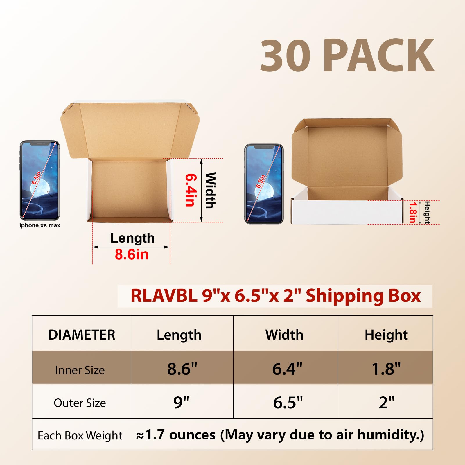 RLAVBL Set di 30 scatole per spedizioni da 22,9 x 16,5 x 5,1 cm, piccole scatole di cartone ondulato, bianche per imballaggi di piccole imprese