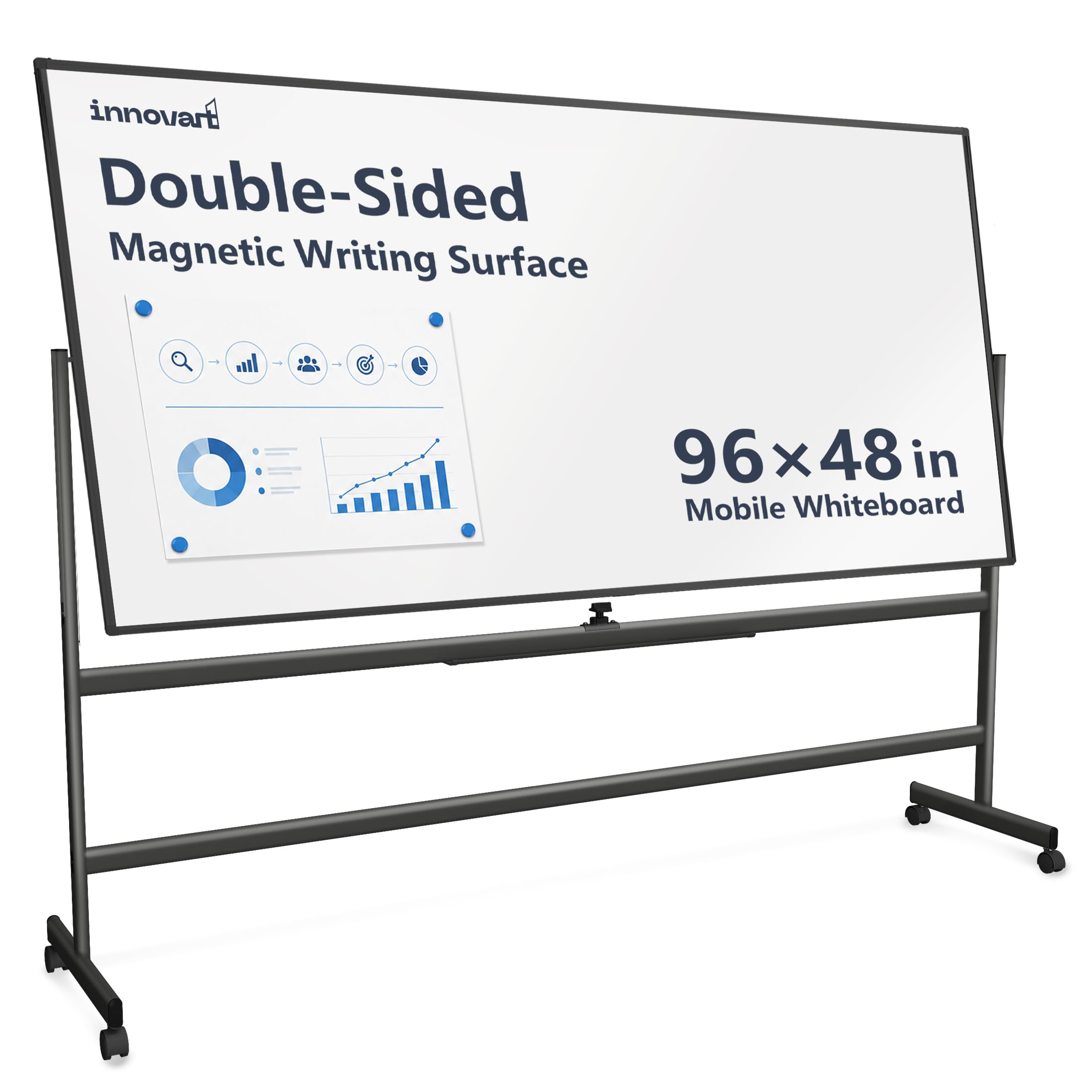 Photo 1 of INNOVART Mobile Whiteboard 96” x 48”, 360° Reversible Double Sided Magnetic Dry Erase Board with Portable Rolling Stand on Wheels, Easel Standing Board with Black Aluminum Frame…
