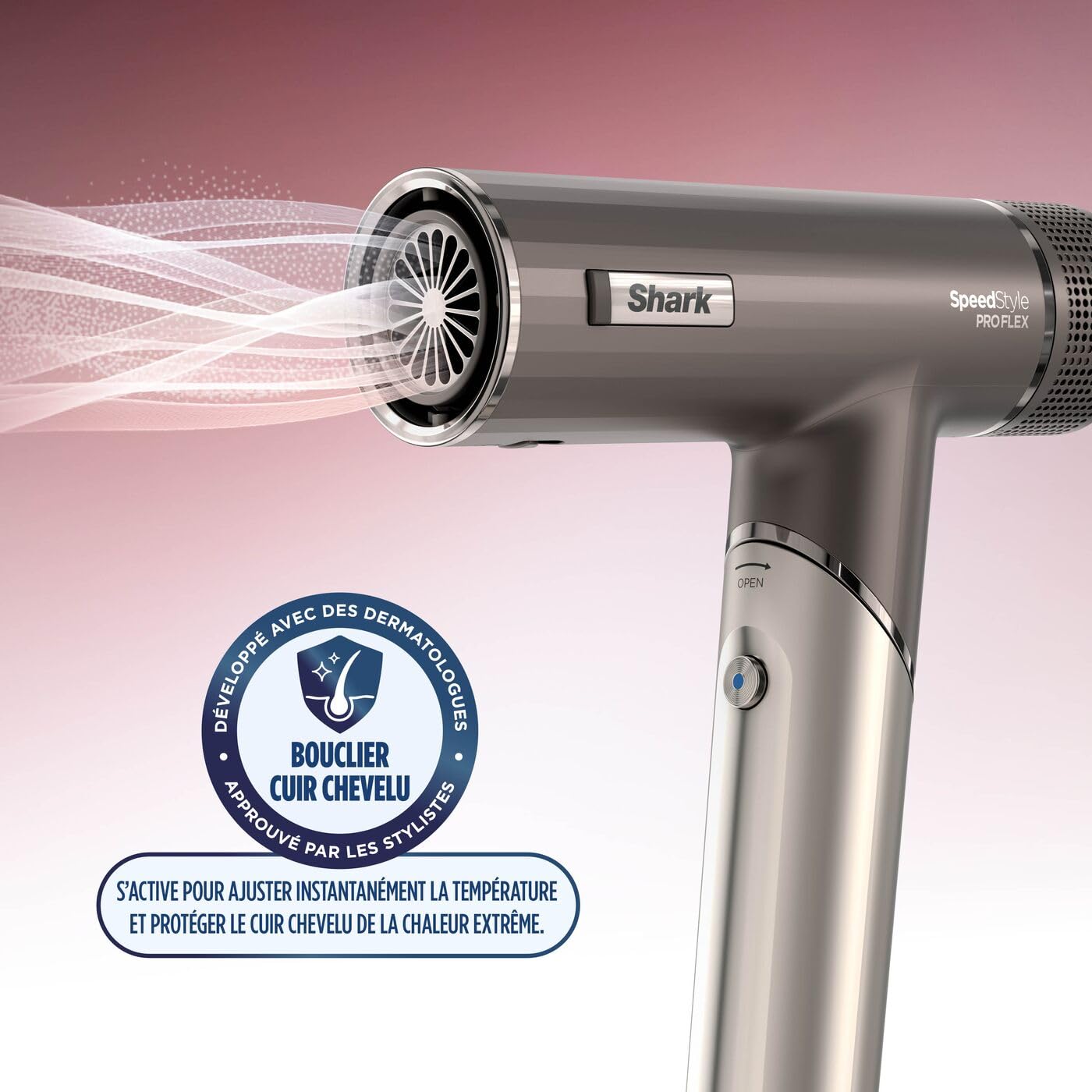 Shark sèche-Cheveux SpeedStyle Pro Flex Ultra-performant et Ultra-Rapide, 4 Embouts de coiffage, léger, ionique, sans dommage Thermique, poignée Pliable, Tous Types de Cheveux, Moka Argent HD542EU