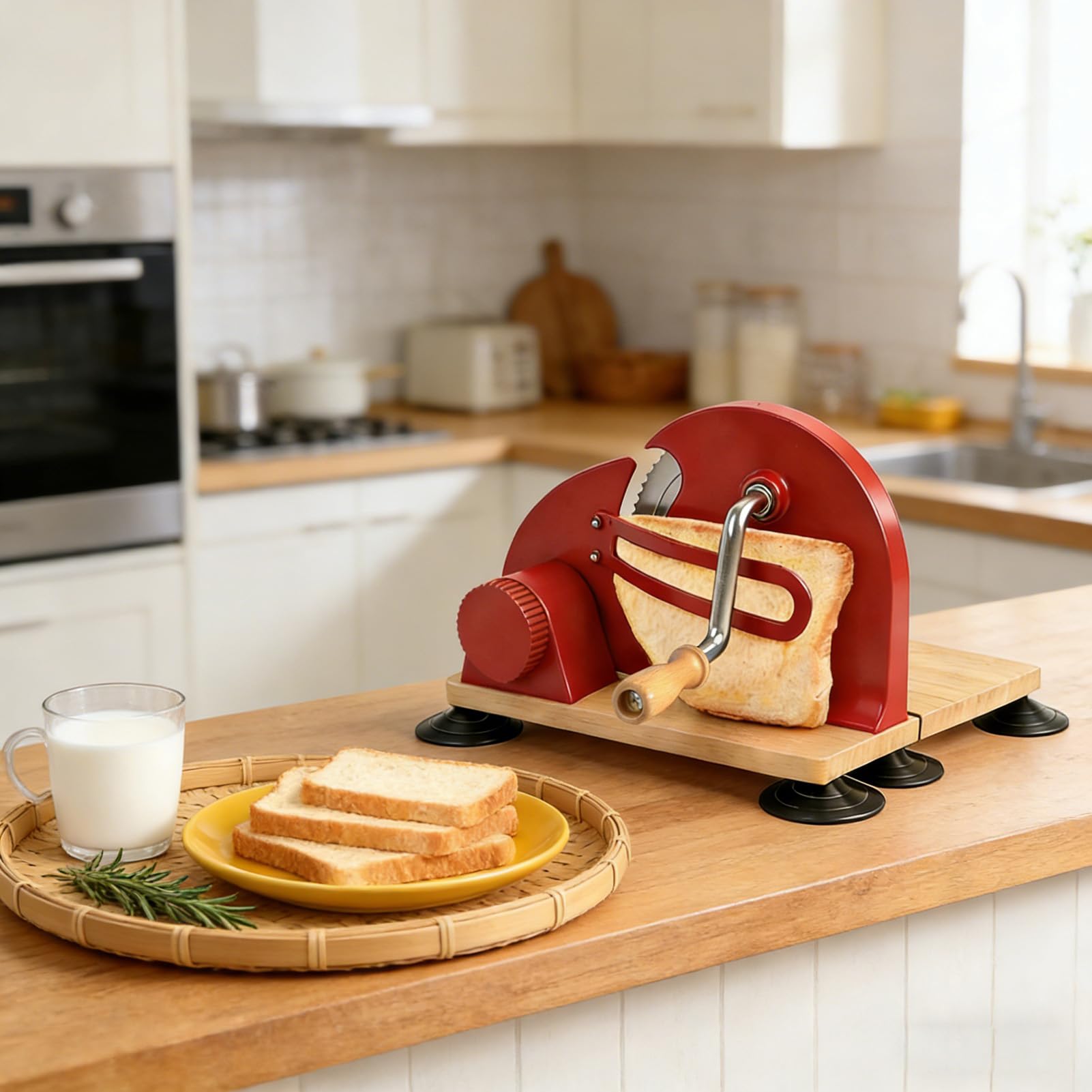 Cortador de pan manual, herramienta para cortar uniformemente con manivela (Red)