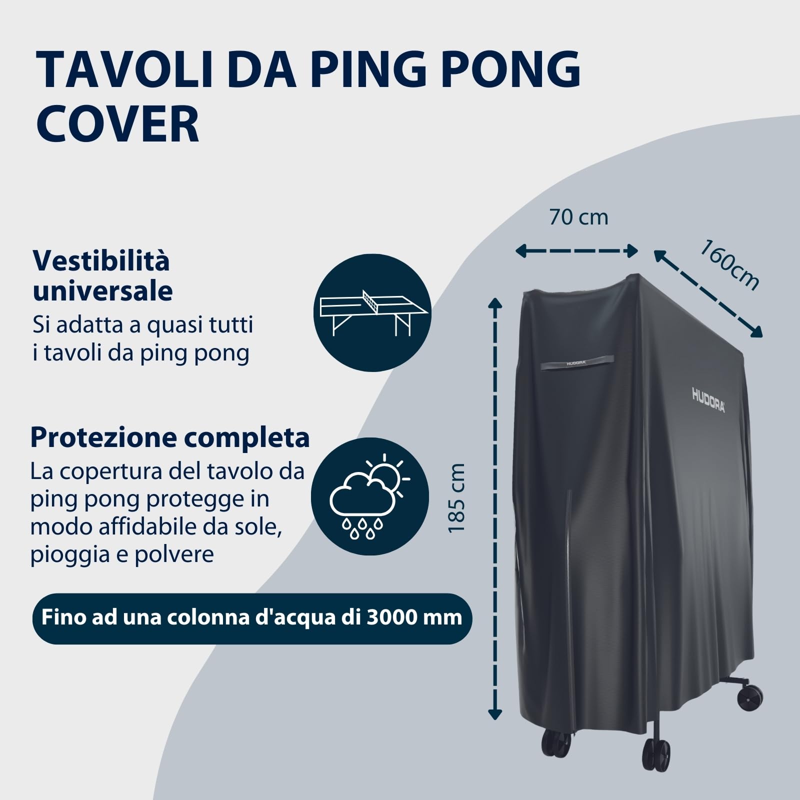 HUDORA Copertura per tavolo da ping pong da 187x72x156 cm - Involucro rivestito in PU per tavolo da ping pong - Protezione da sole/polvere e pioggia - Copertura con cerniera - Protezione