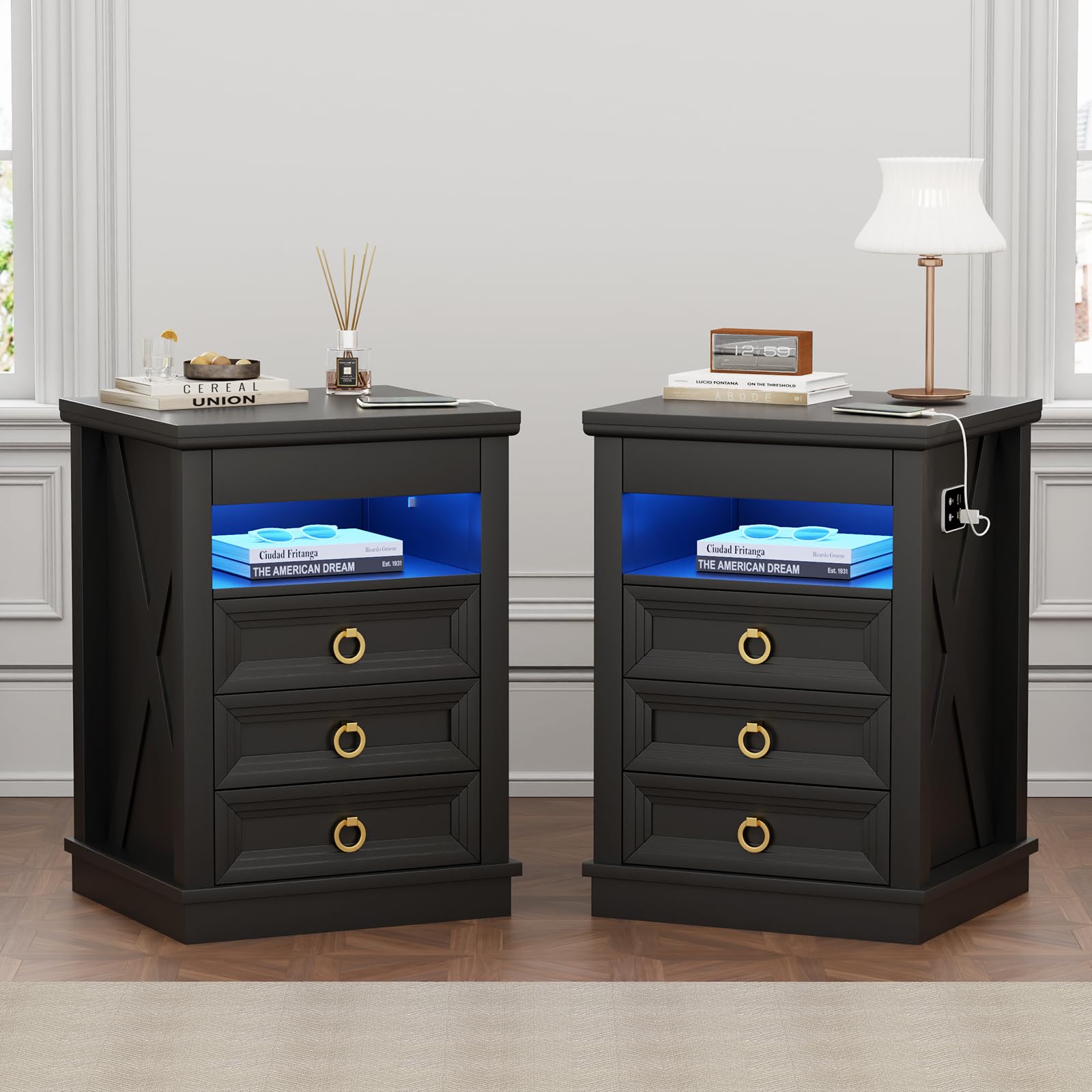 Gurexl Smart Bedside Tables set of 2 with Hidden Drawer and Charging Station,Rustic Nightstand with Sensor LED Lights,Bedside Cabinets with 4 Drawers Open Compartment for Bedroom Living Room,Black