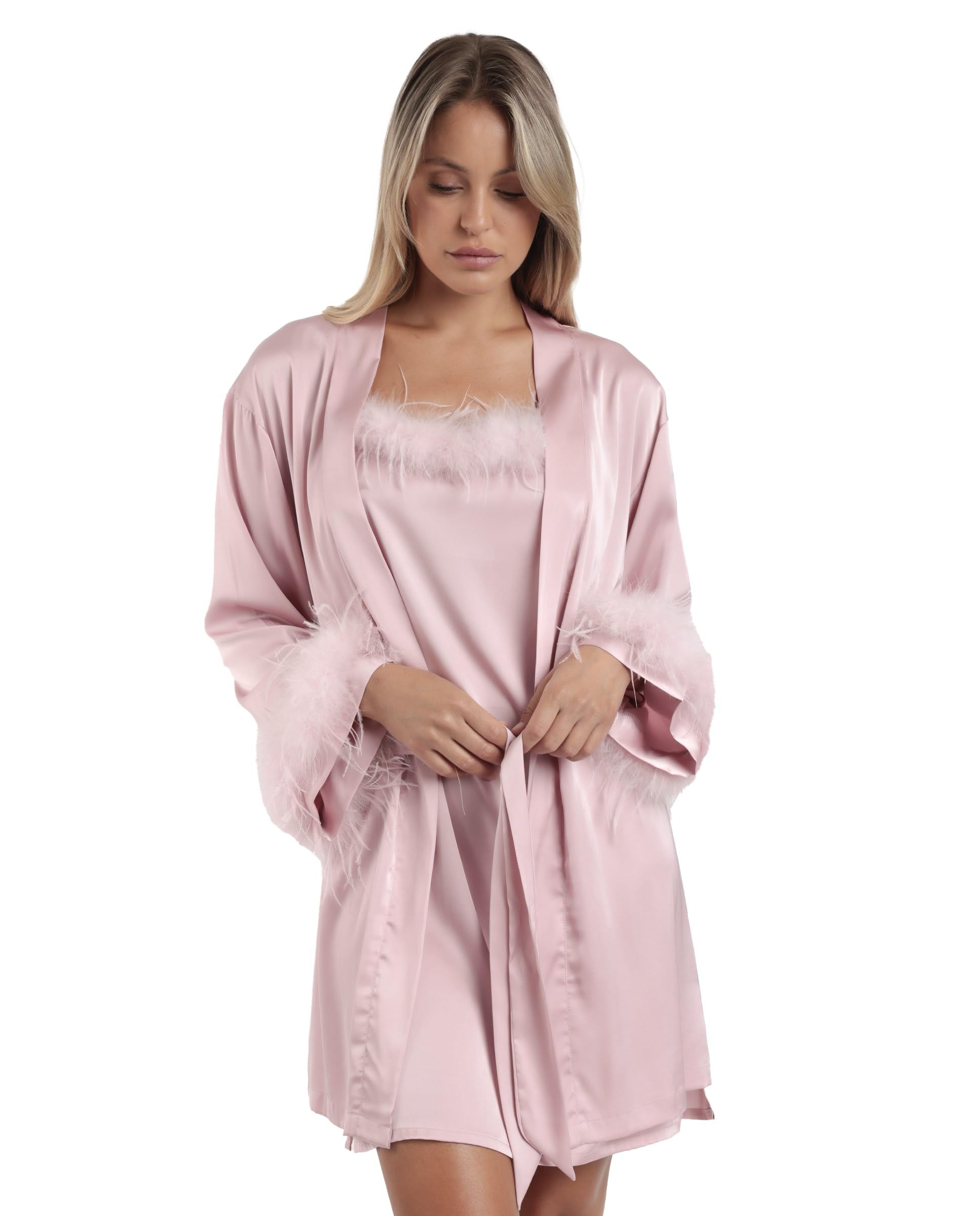 ADMAS luxury bata mujer marabu luxe manga larga de satén con cinturón y plumas removibles, detalle lencero y caída fluida, para dormir y baño, prenda ligera