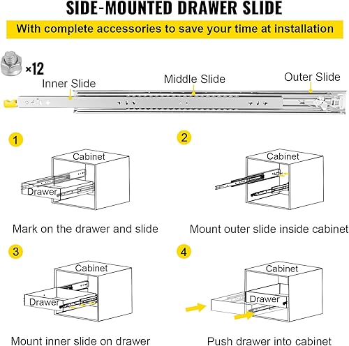 Miniatura 6 de VEVOR Diapositivas de cajón de 36 pulgadas, 1 par de cajones de bloqueo con capacidad de carga de 250 libras, rodamiento de bolas de montaje