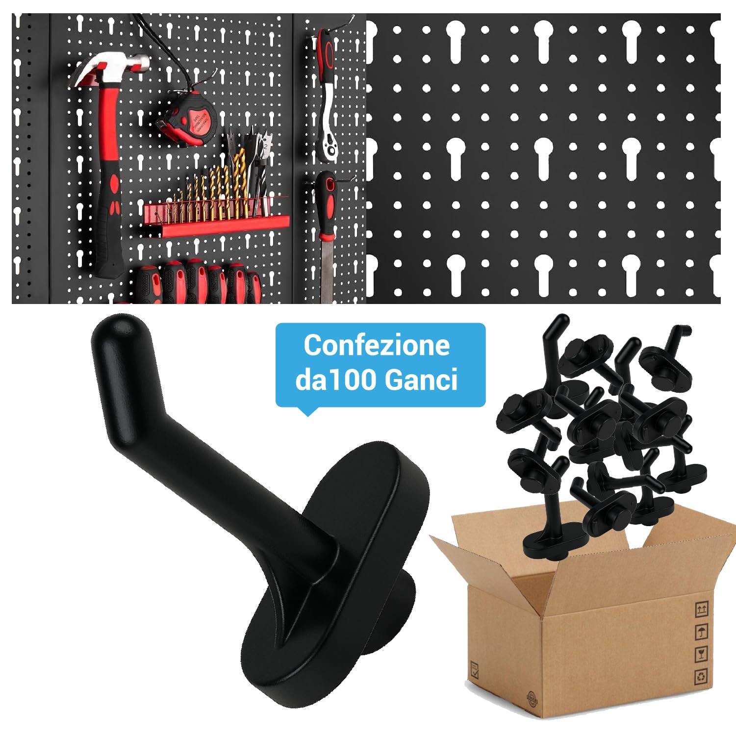 Crisalide® - Ganci Per Pannelli Forati Portautensili, Plastica O Ferro Zincato, Confezione Da 100 Pezzi - Resistenti e Facili Da Installare - Fissaggio Sicuro (Gancio Piccolo Plastica)
