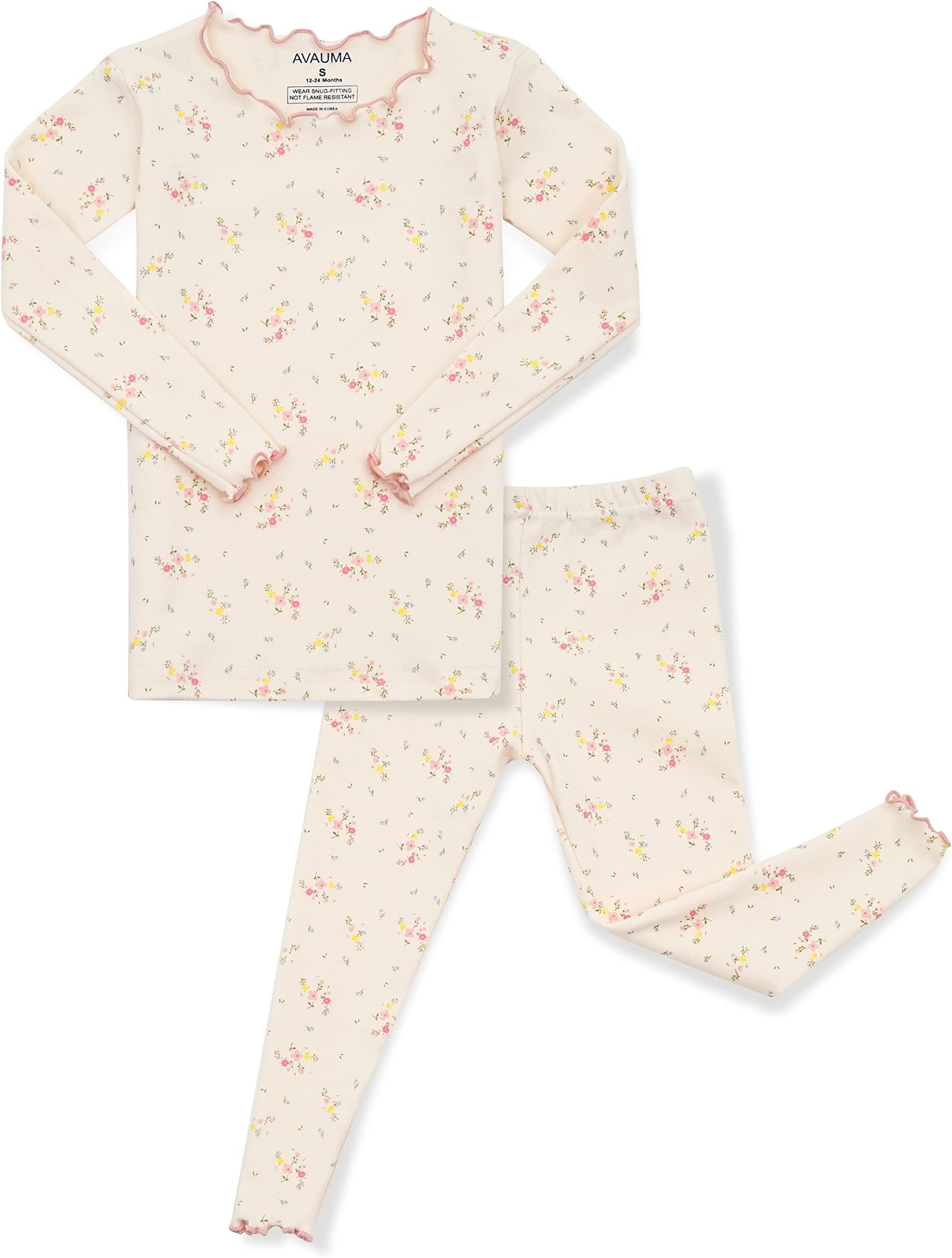 AVAUMABaby Boy Girl Pajama Set 6M-7T Kids Cute Toddler Snug fit Flower Pattern Design Pjs Cotton Sleepwear Ruffled Shirring