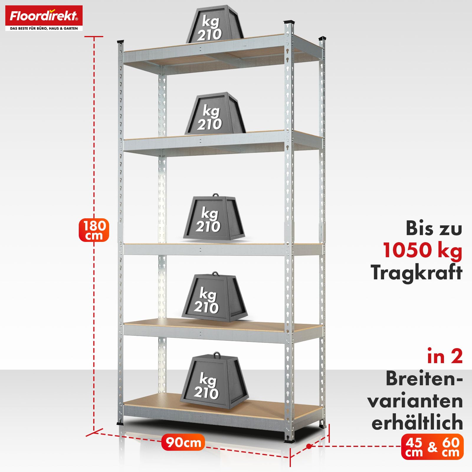 Floordirekt Schwerlastregal, Kellerregal, Lagerregal mit Stahlgestell 1050 kg Traglast (Verzinkt, 180 x 90 x 60 cm) Rhino