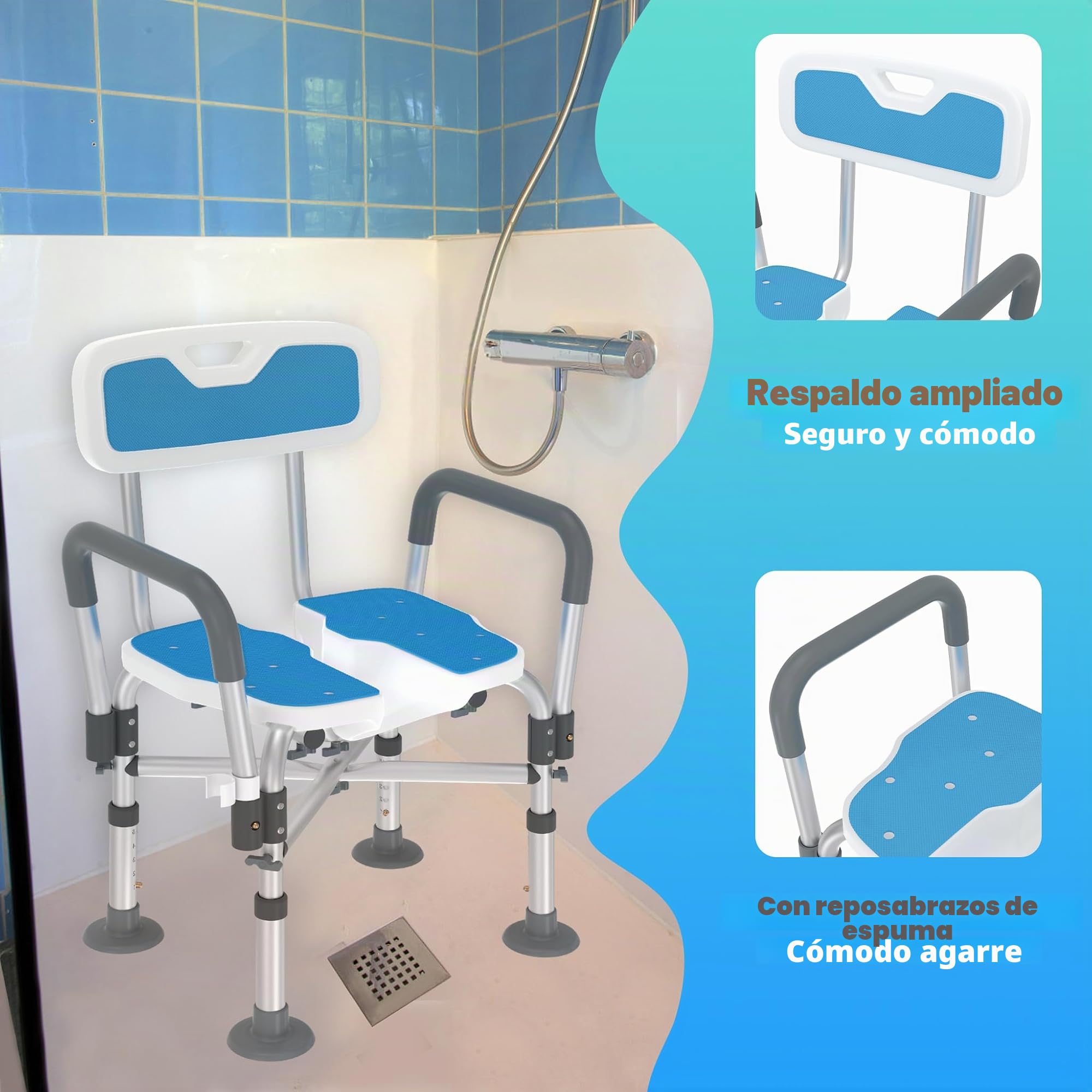 LZQ Silla de ducha con respaldo y reposabrazos extraíbles, taburete de ducha para personas mayores, altura regulable, asiento de baño, asiento de ducha, antideslizante, hasta 200 kg