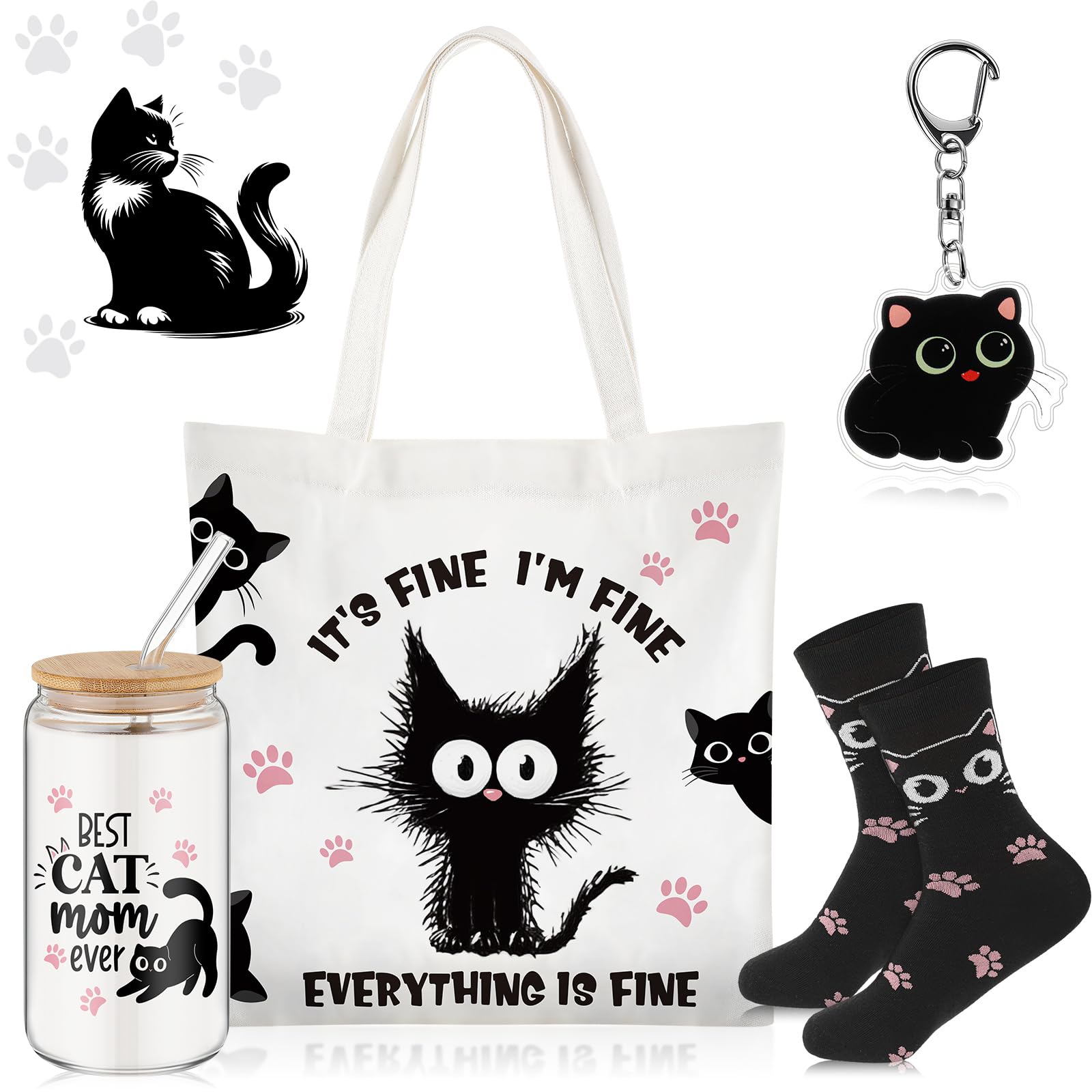 Paterr 4 Pcs Black Cat Gifts for Women Black Cat Themed Gift for Birthday with Canvas Tote Bag 16oz Glass Coffee Cup with Straw Socks Cute Keychain