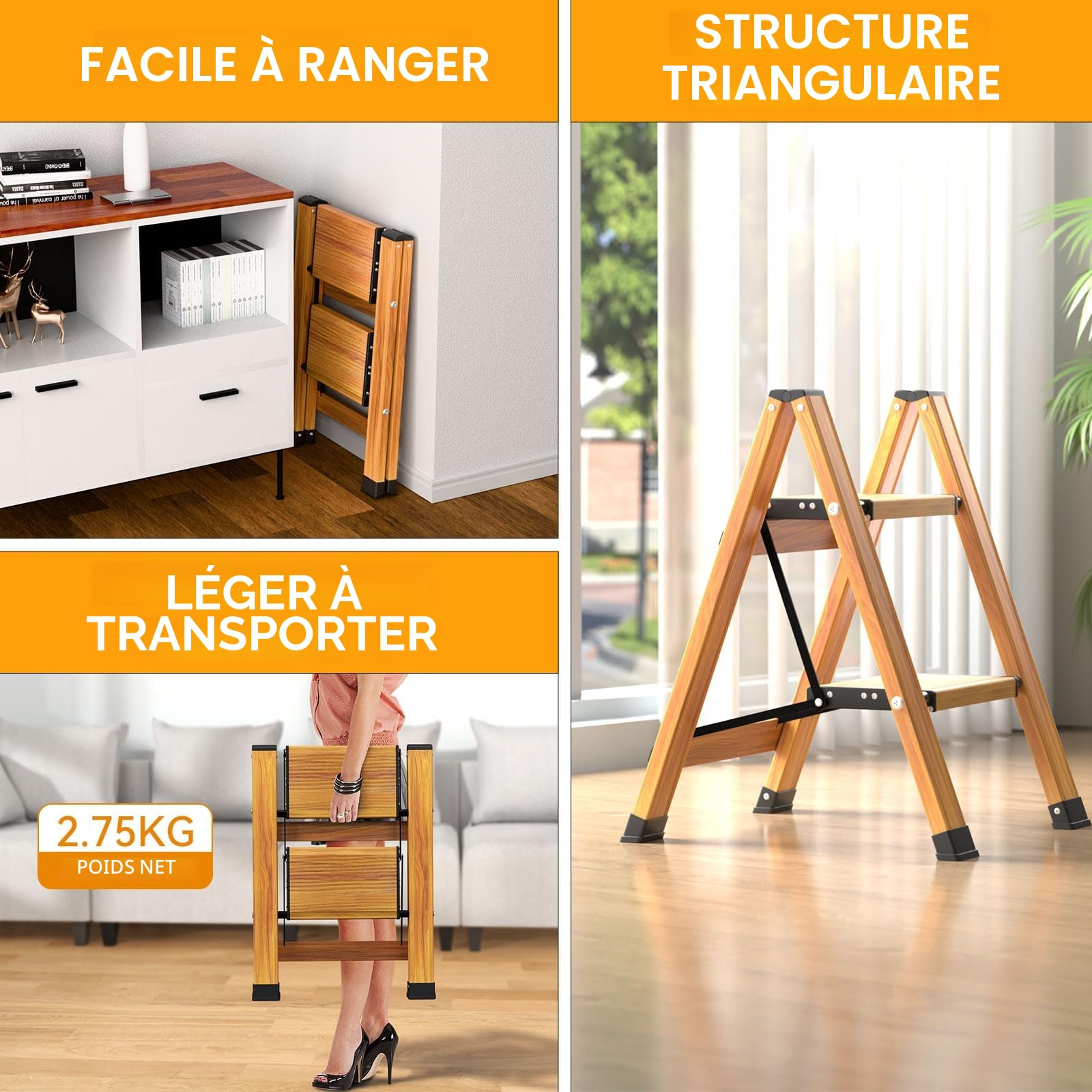 KULACO Escabeau 2 Marches Pliable en Aluminium Marchepied Pliant Portable Antidérapant Jusqu'à 150 kg Échelle Polyvalente Design Imitation Bois pour Cuisine Salle de Bain Camping Jardinage