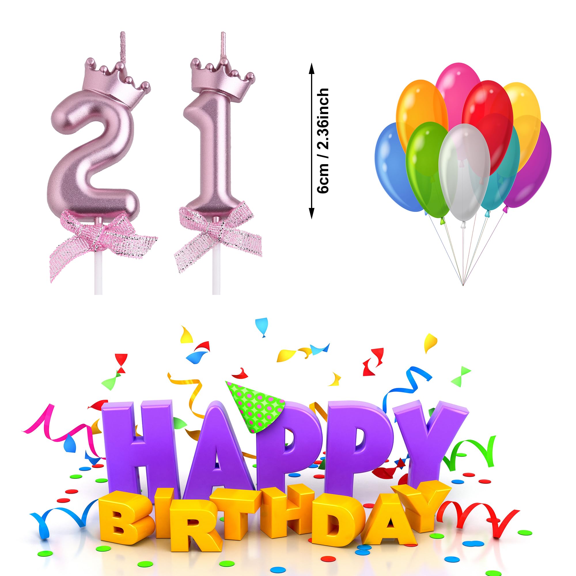 Vela de cumpleaños número 21, velas metálicas sin humo para tarta número 21 | Corona 3D y lazo con purpurina número 21 para decoración de tarta para aniversario, fiesta de cumpleaños